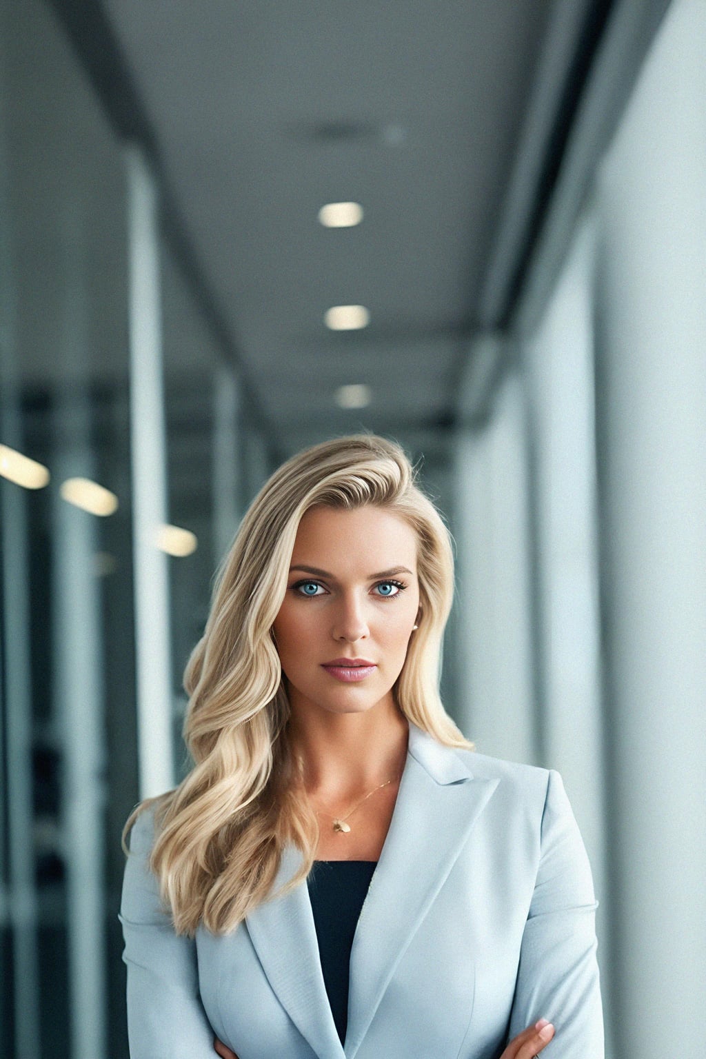 wide LinkedIn profile photo of a professional business woman as a confident professional business woman standing in a modern office. LinkedIn professional profile photo. most popular person on LinkedIn