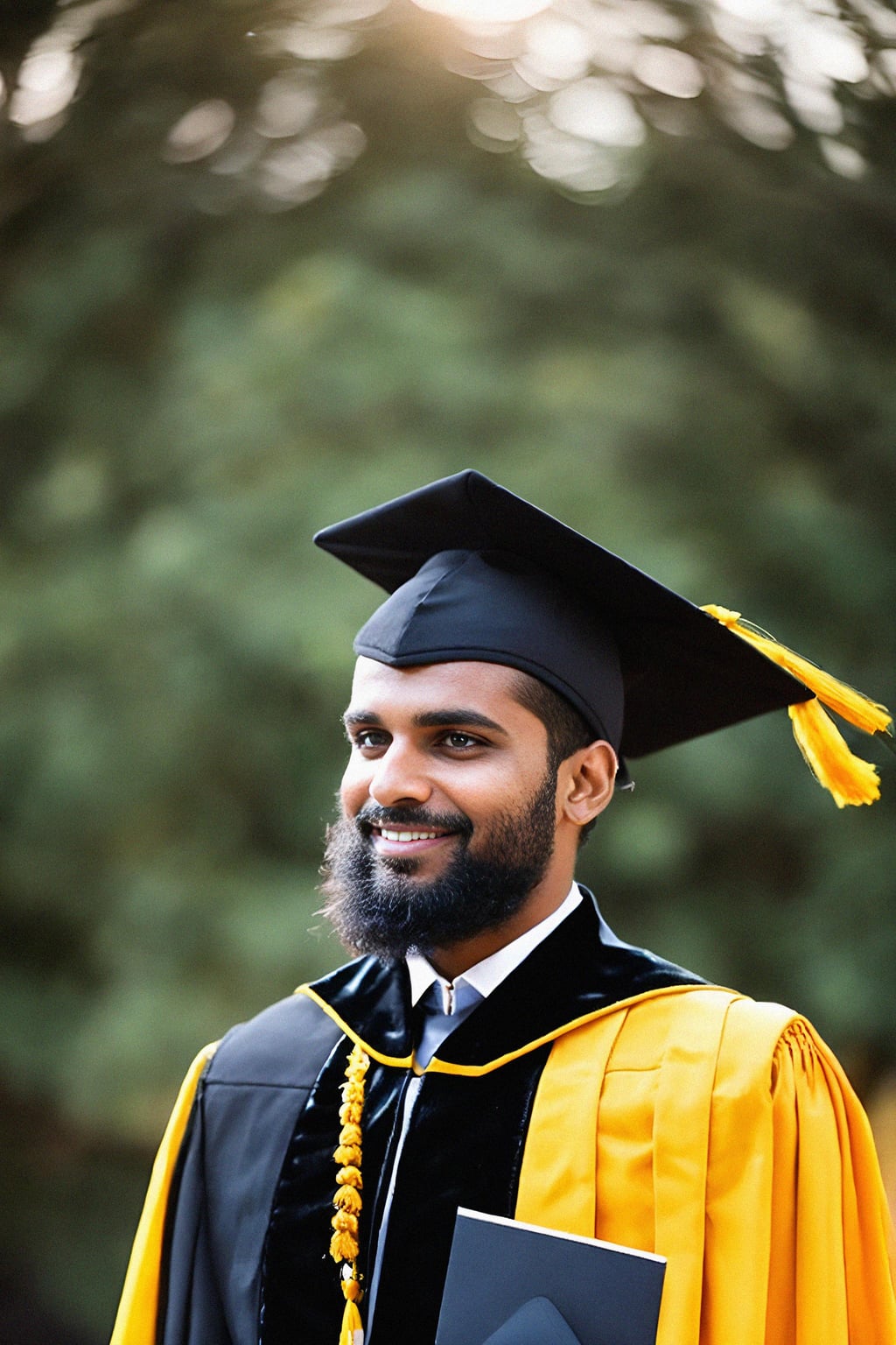 happy  man in Graduation Ceremony wearing a square black Graduation Cap with yellow tassel at college