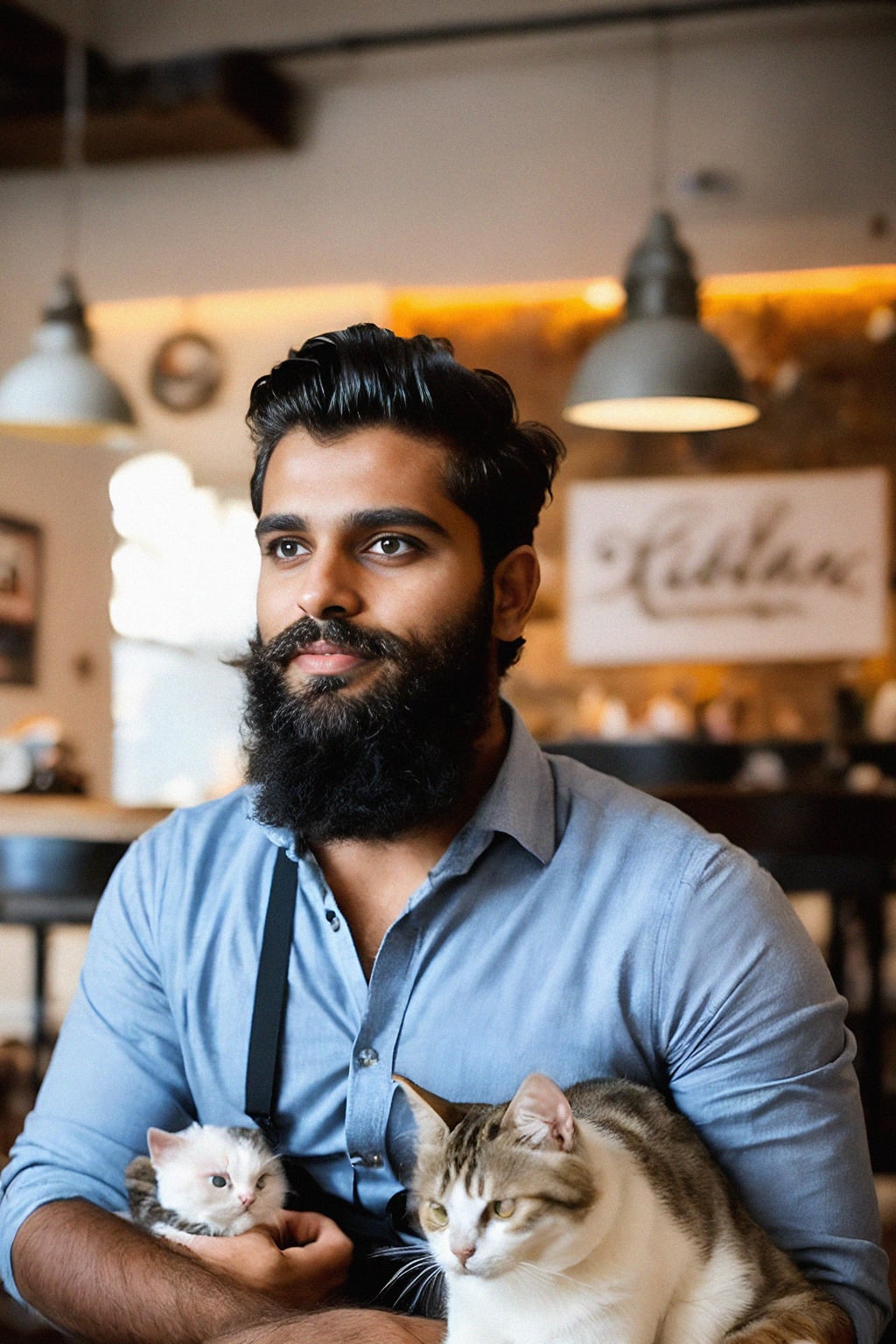 man in a Cat Cafe with many cute Cats and Kittens around them