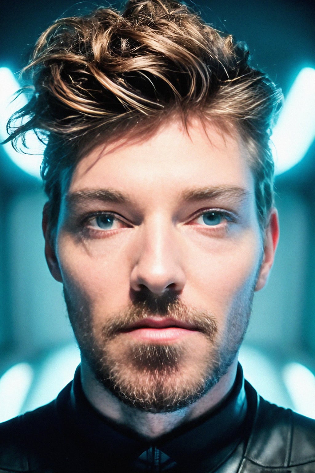 man face, gorgeous dominatrix shot, one face, futuristic fashion