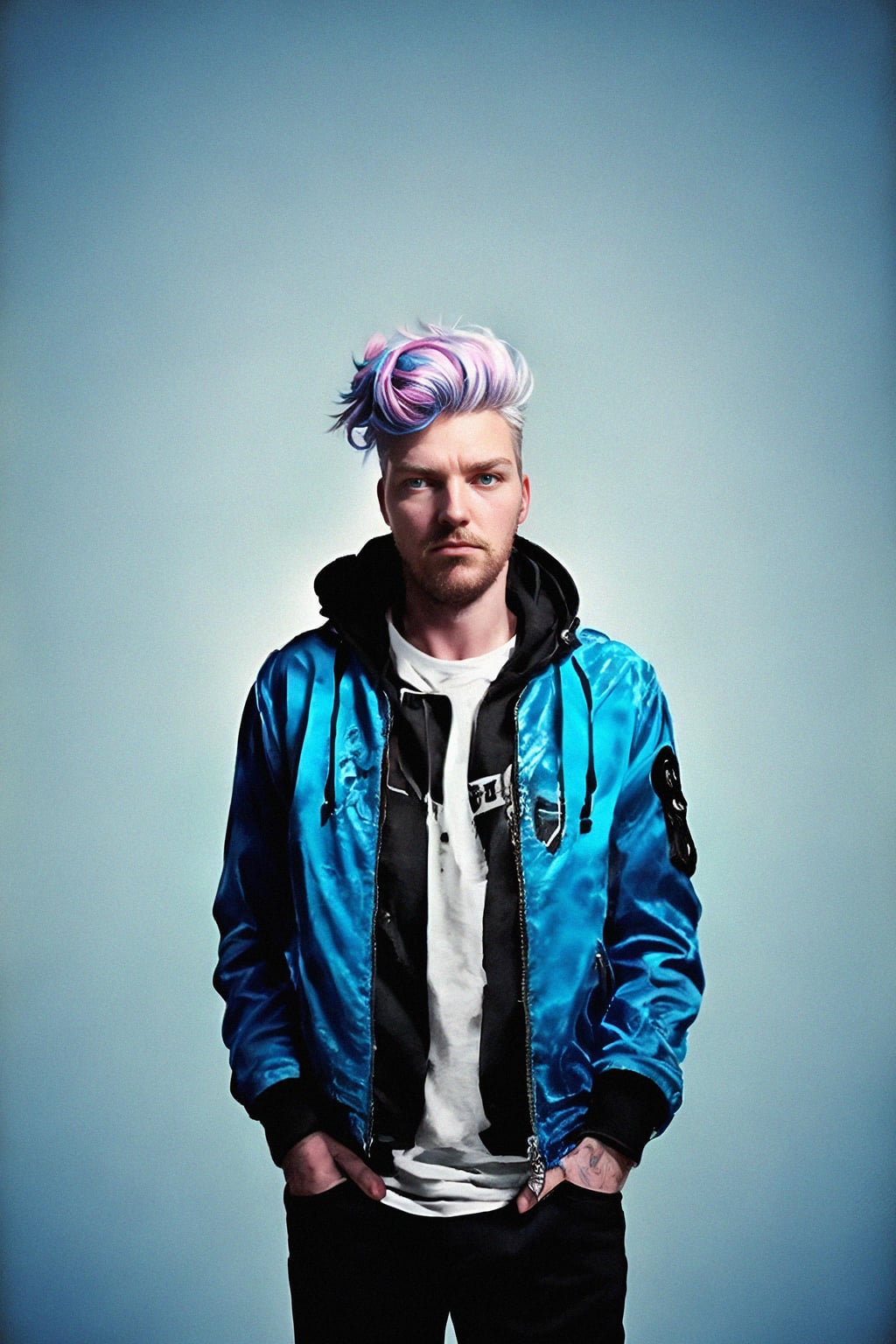 full body of a street punk man student, blue eyes, bubble jacket, hat, white hair by atey ghailan, by greg rutkowski, by greg tocchini, by james gilleard, by joe fenton, by kaethe butcher, gradient pink, black, brown and light blue color scheme, grunge aesthetic