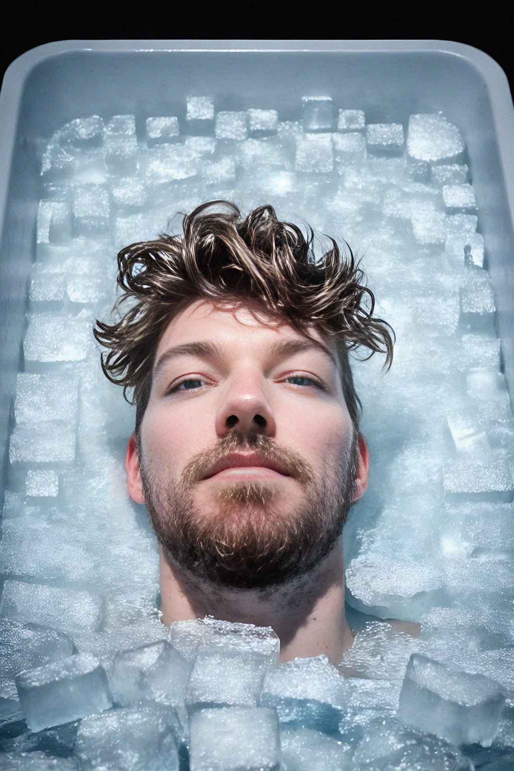 man lying in a bath of ice cubes