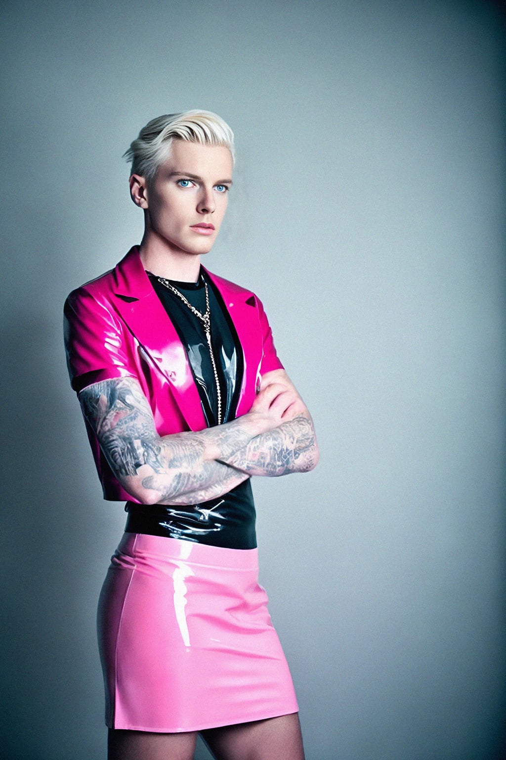 man as with platinum blonde hair and pink latex skirt