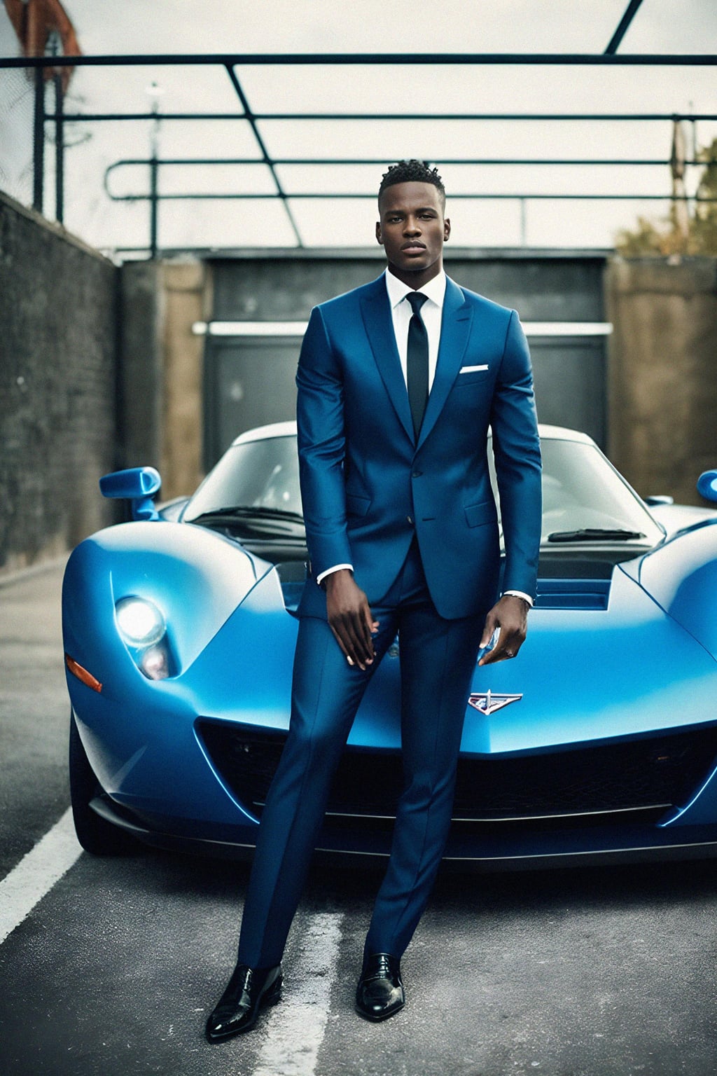 man wearing suit  posing in front of a sports car
