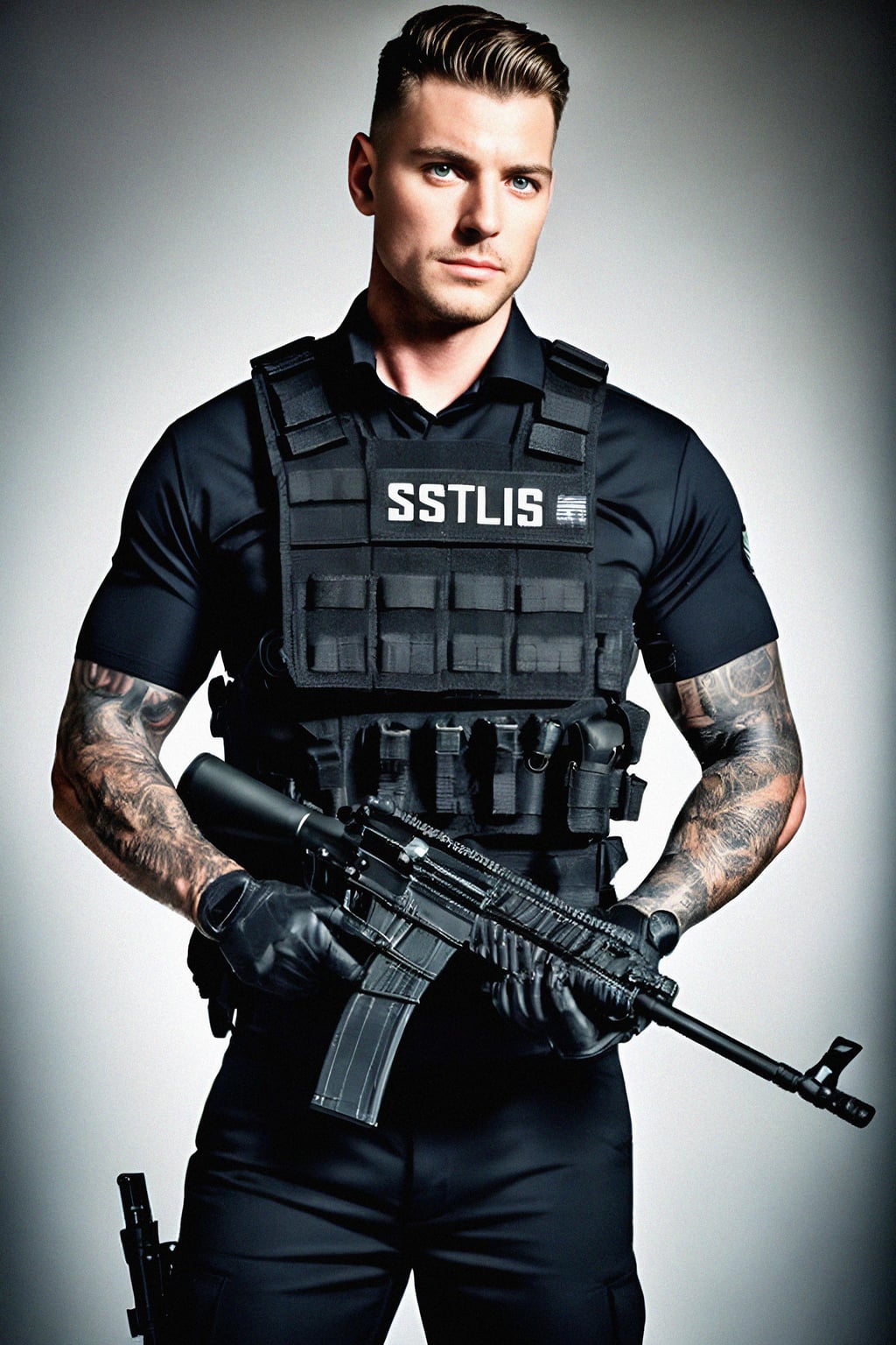 man as a SWAT Officer. wearing black swat vest, swat helmet, holding pdw