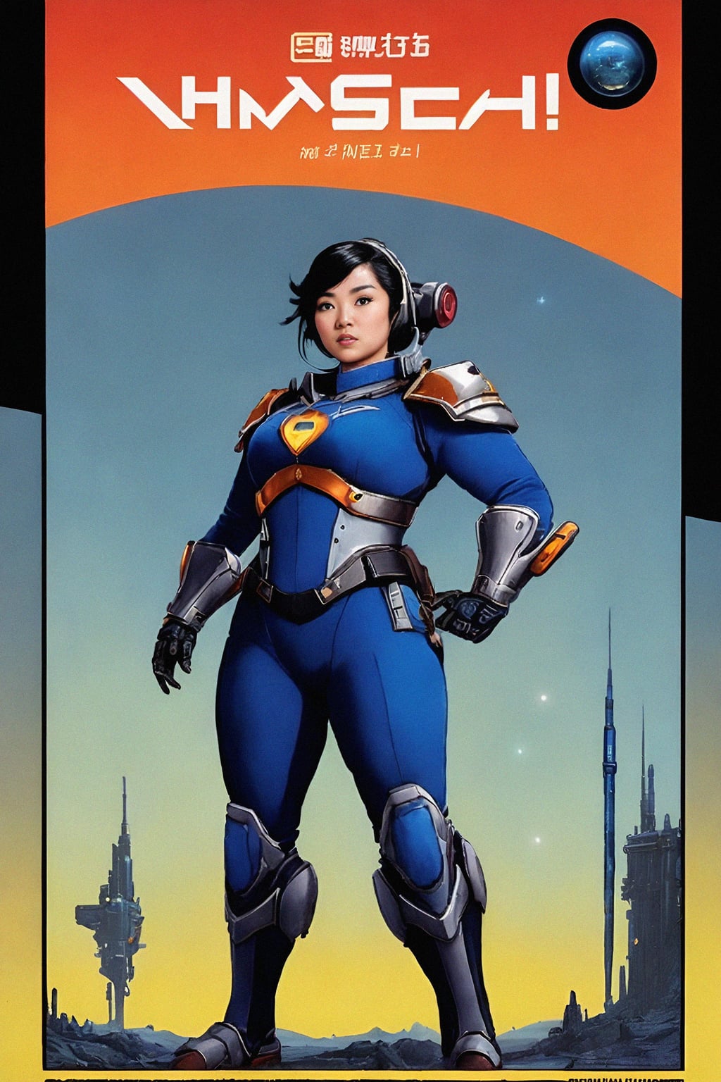 woman in Overwatch, character shot, shot, concept art, intricate details, highly detailed, vintage sci - fi poster, retro future, in the style of chris foss, rodger dean, moebius, michael whelan, and gustave dore