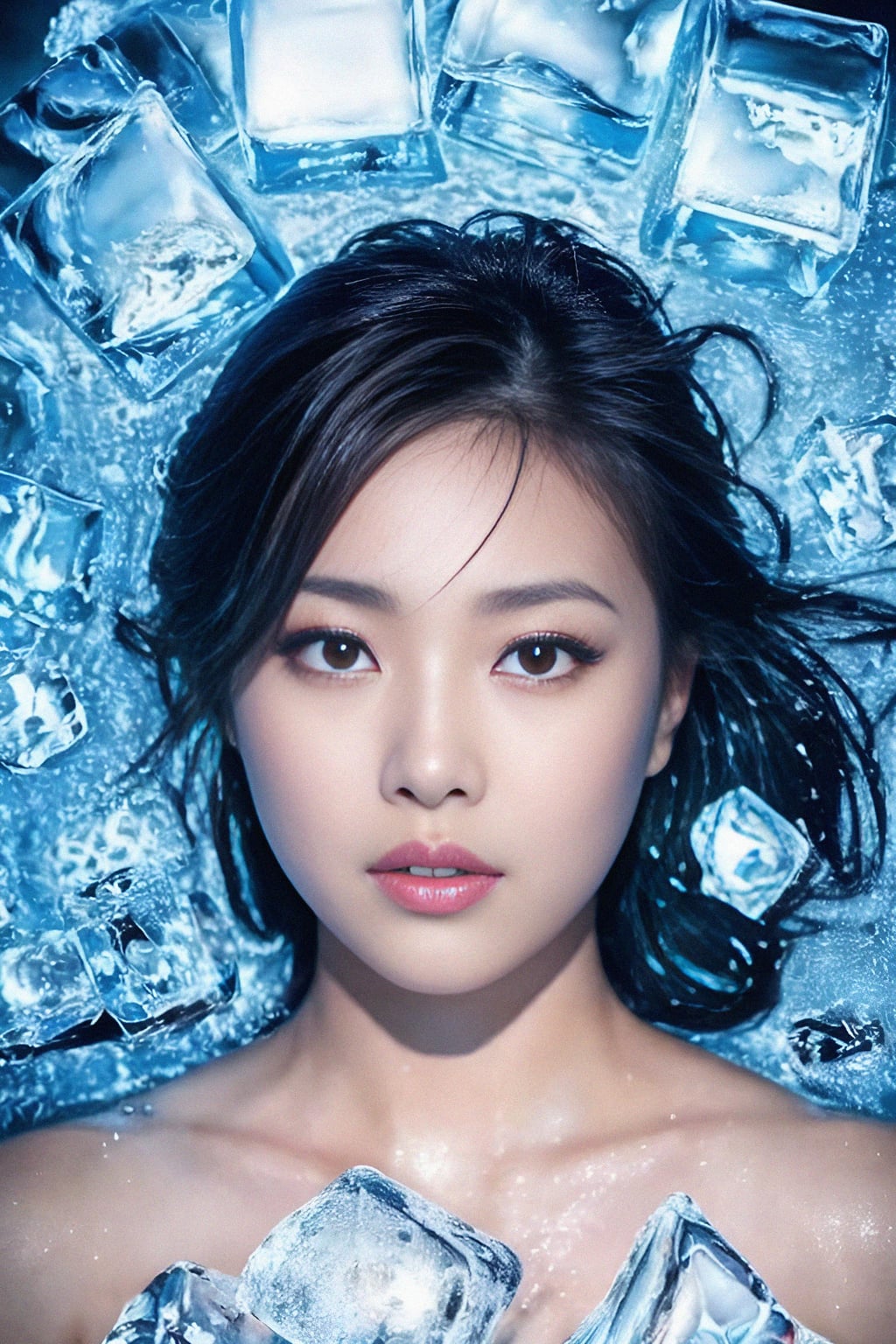 woman lying in a bath of ice cubes