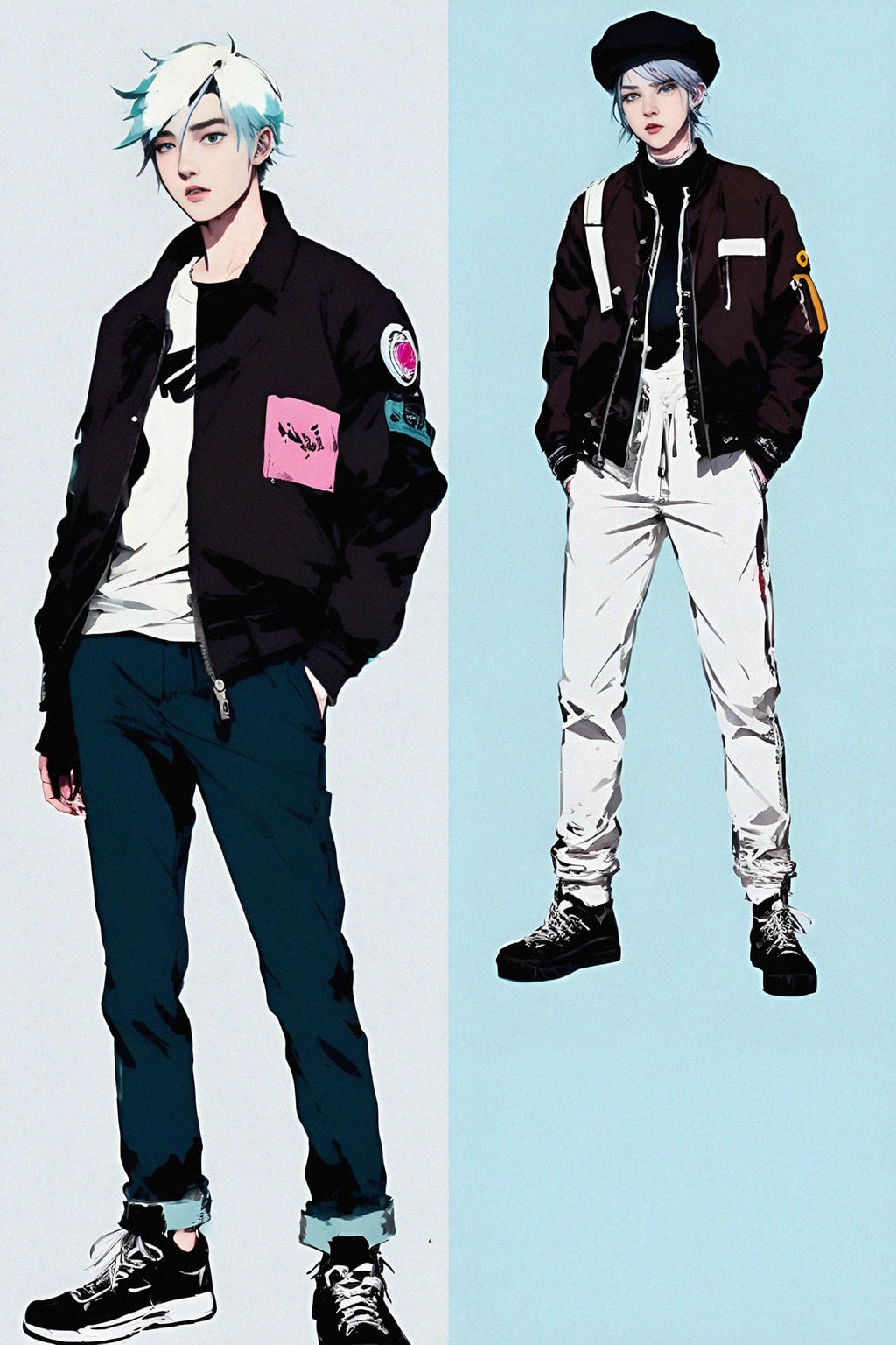 full body of a street punk man student, blue eyes, bubble jacket, hat, white hair by atey ghailan, by greg rutkowski, by greg tocchini, by james gilleard, by joe fenton, by kaethe butcher, gradient pink, black, brown and light blue color scheme, grunge aesthetic