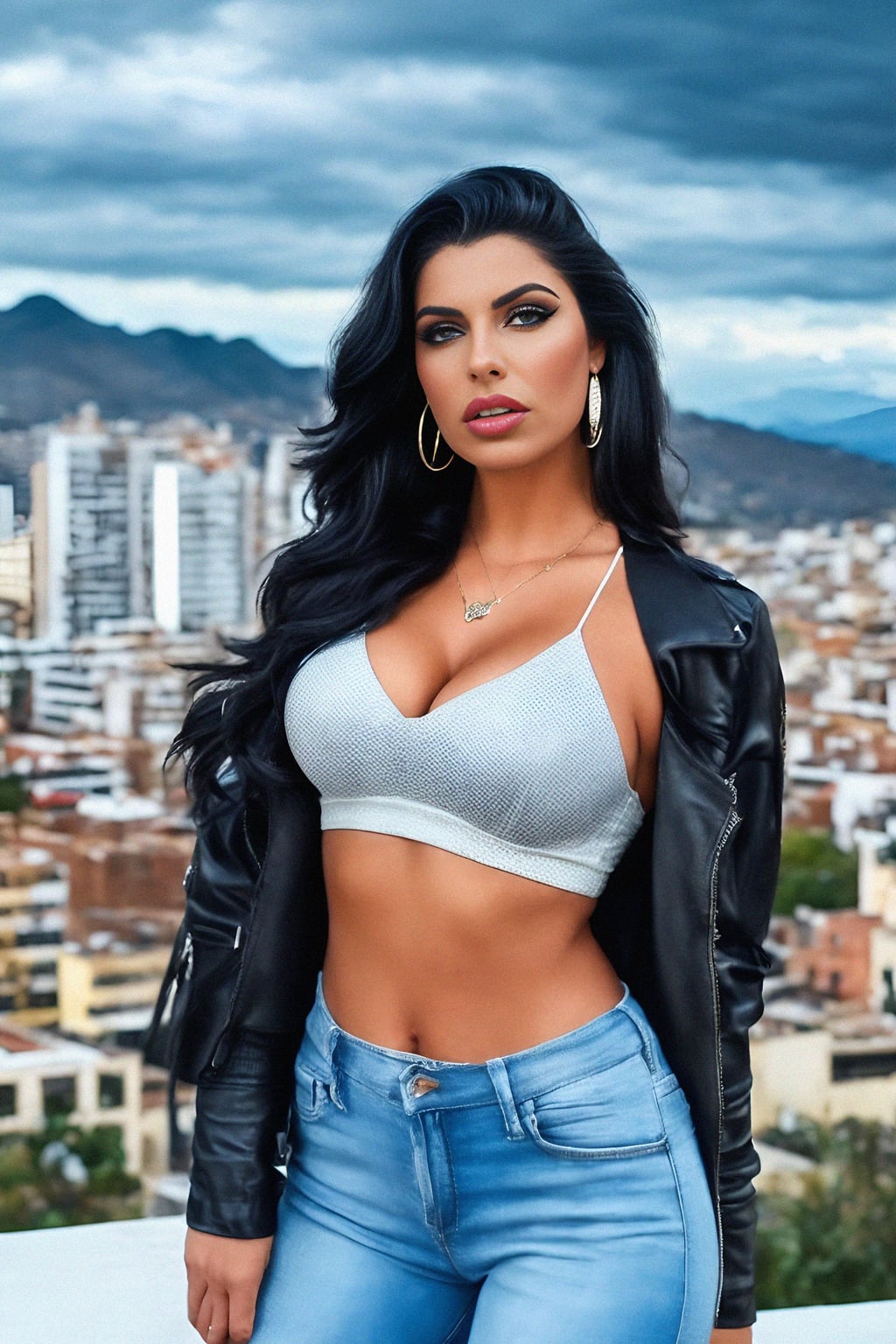 Latina hot glamour woman (with black hair) (as Latina bombshell woman) posing for photo, Latina fashion, Latina beauty, Latina makeup, Latina thot, Brazilian, Colombian, South American. Background is South American city.