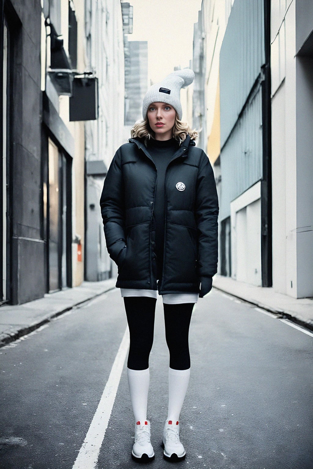 woman wearing gorpcore aesthetic, functional outdoor clothing, bright colored puffer jacket, moonboots, beanie, white wool socks, outerwear, posing for photo in the street