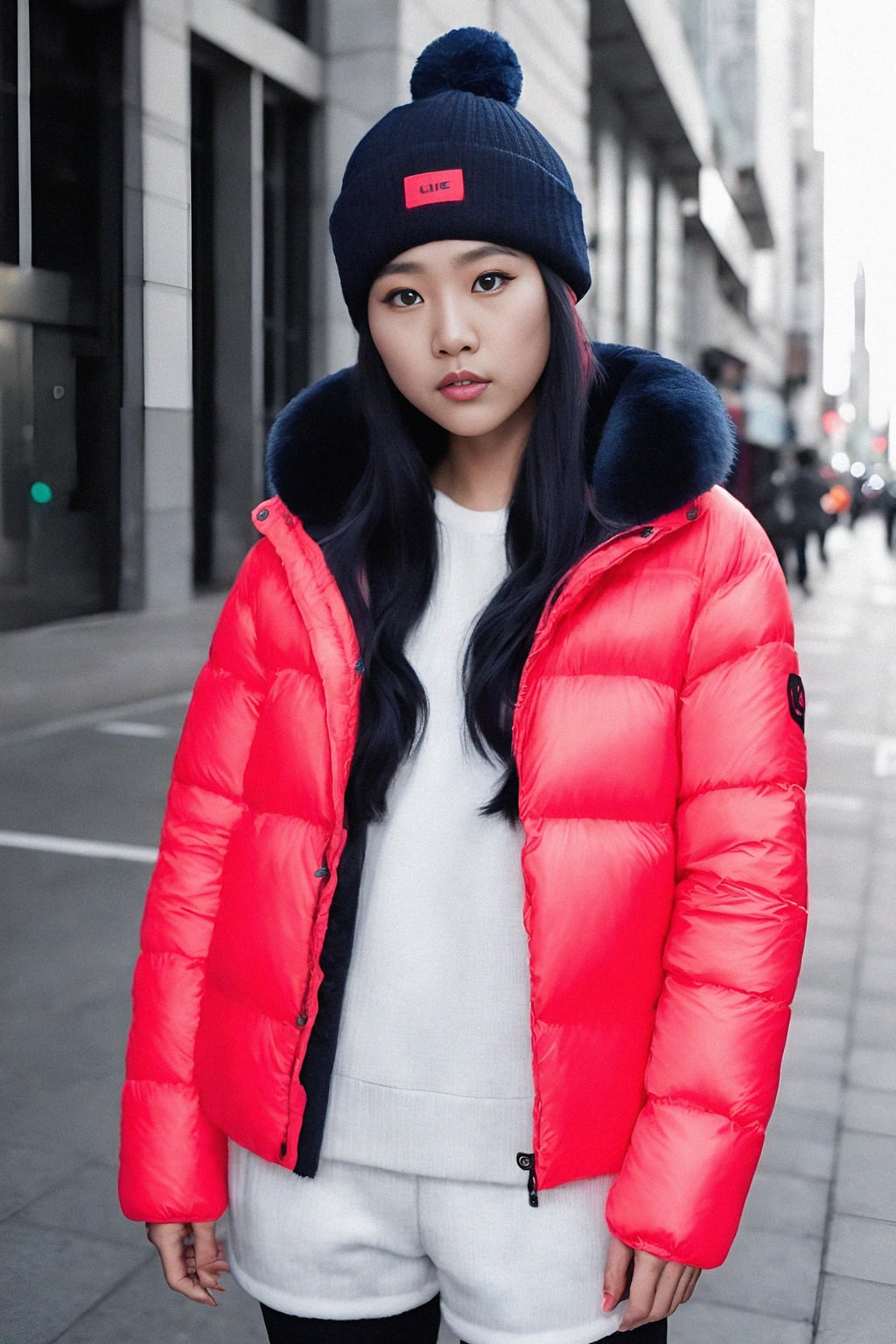 woman wearing gorpcore aesthetic, functional outdoor clothing, bright colored puffer jacket, moonboots, beanie, white wool socks, outerwear, posing for photo in the street