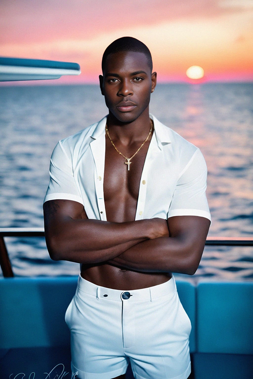 man wearing  shirt and swim shorts at an exclusive yacht party sunset, capturing the essence of luxury and opulence