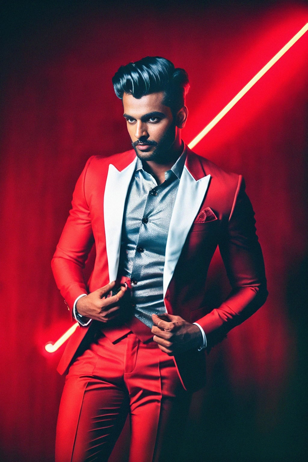 man wearing  (red suit) in night club neon lights