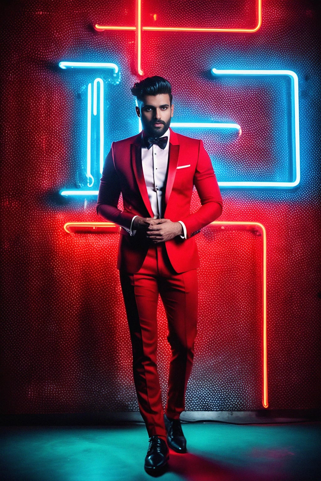 man wearing  (red suit) in night club neon lights