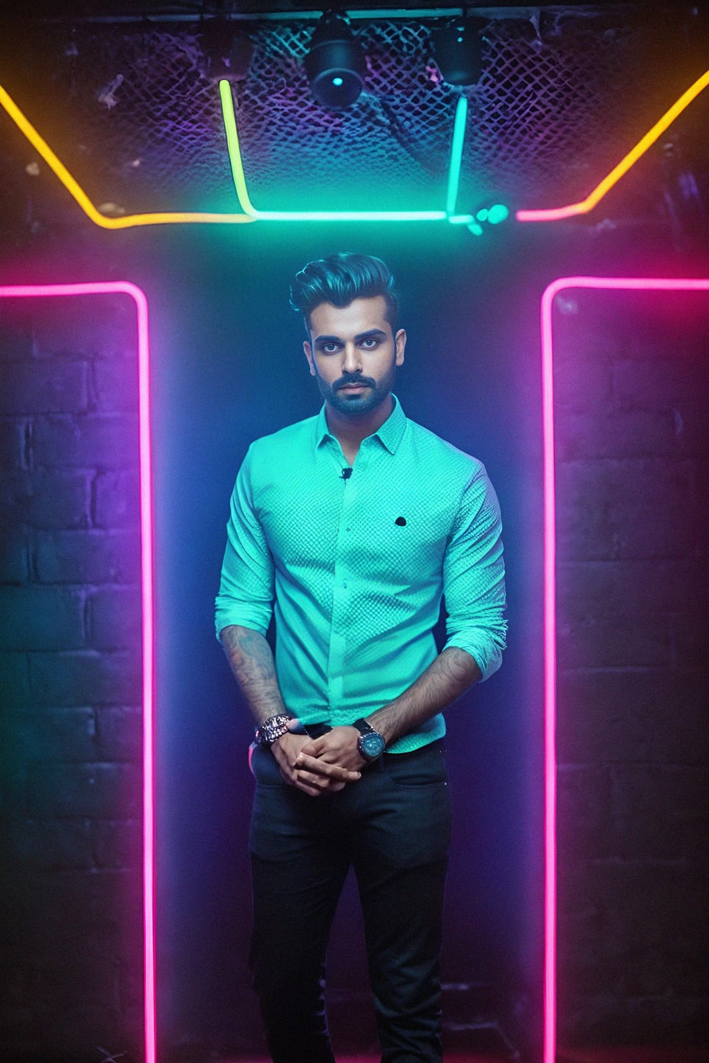 man wearing  smart casual in night club with neon lights