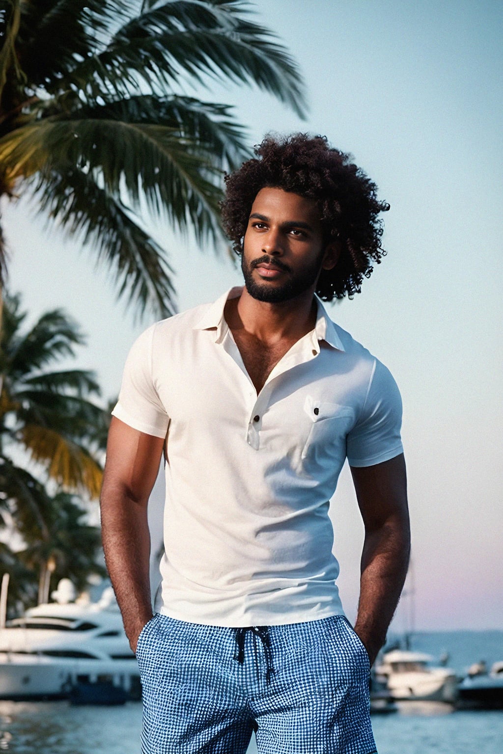 man wearing  shirt and swim shorts at an exclusive yacht party sunset, capturing the essence of luxury and opulence