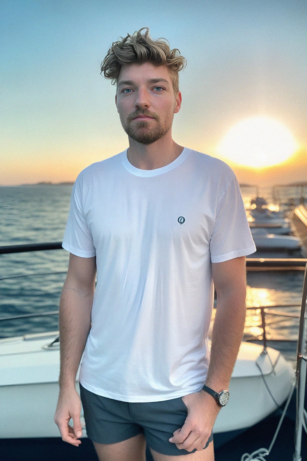 man wearing  shirt and swim shorts at an exclusive yacht party sunset, capturing the essence of luxury and opulence