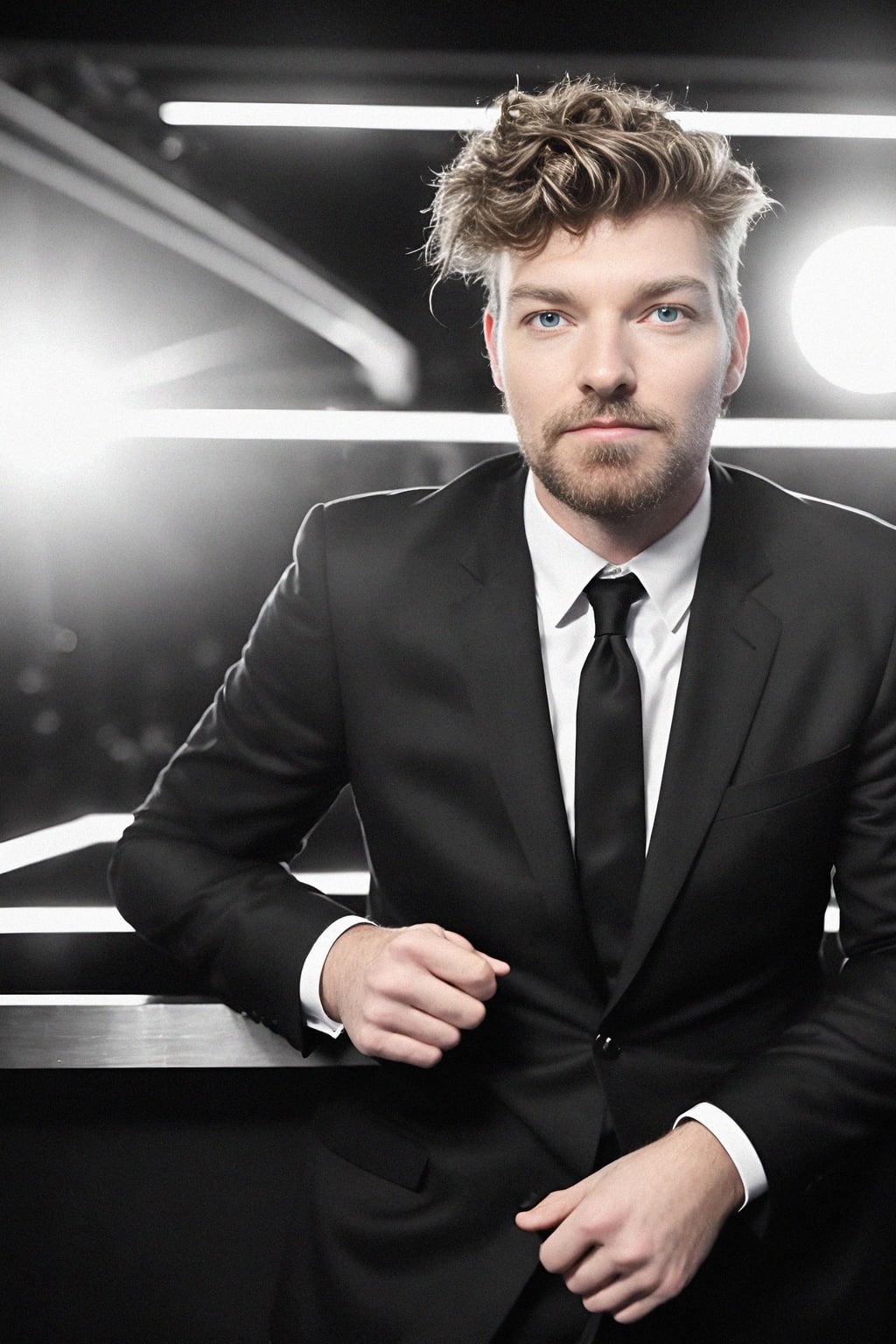 man wearing   black suit in a VIP box at a sporting event at night, capturing the thrill of live sports with nightlife