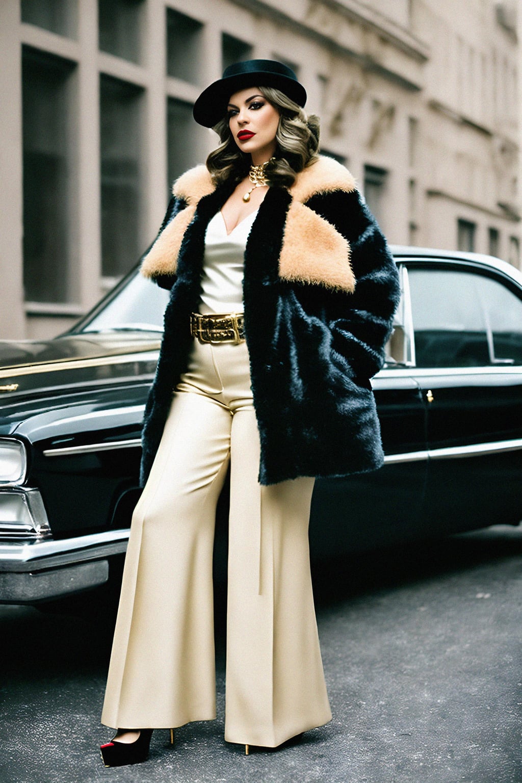 beautiful woman as a mobster, mafia, mafia outfit, faux fur coats, chunky gold jewelry, mafia aesthetic, flashy, glamorous, luxury, loud, Goodfellas, The Sopranos, Mob Wives, opulence, confidence