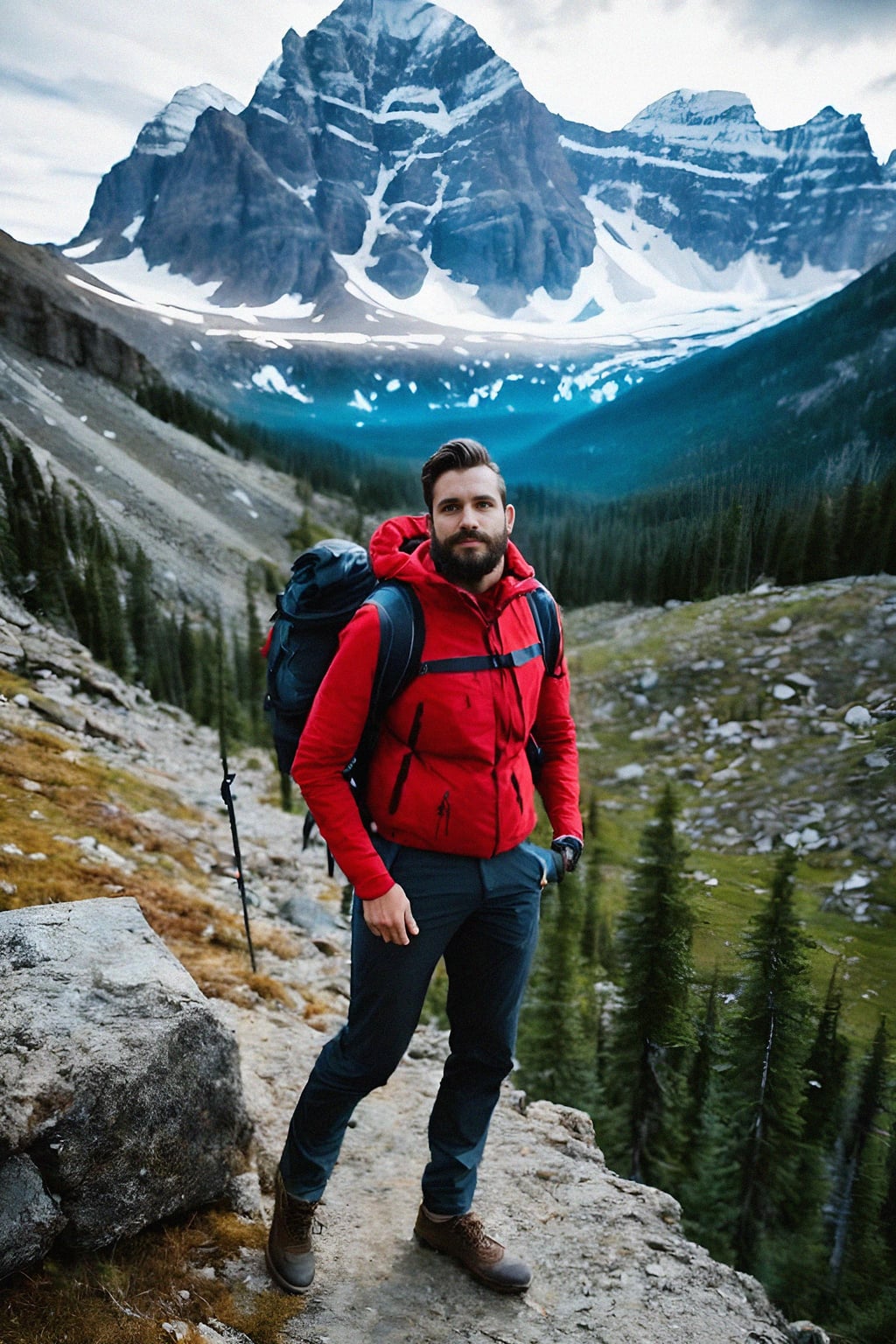 an adventurous masculine  man hiking in the mountains, enjoying the beauty of nature and the sense of adventure