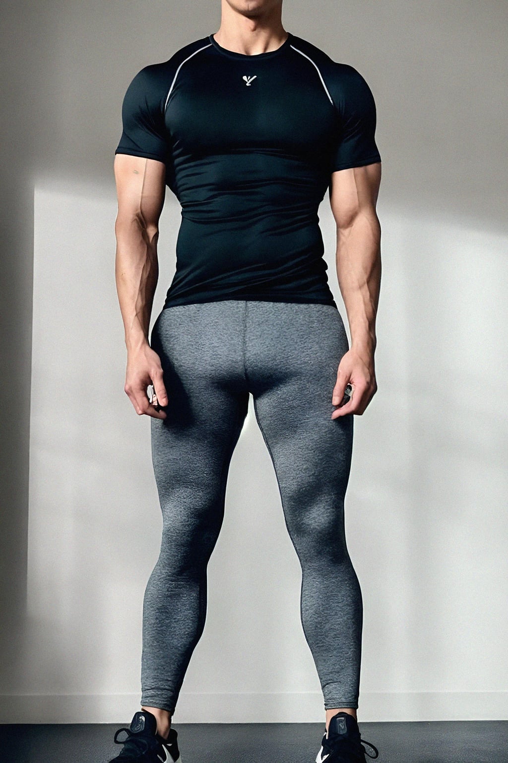 masculine  man wearing yoga pants or shorts and sports top in the fitness gym working out. dramatic lighting highly detailed