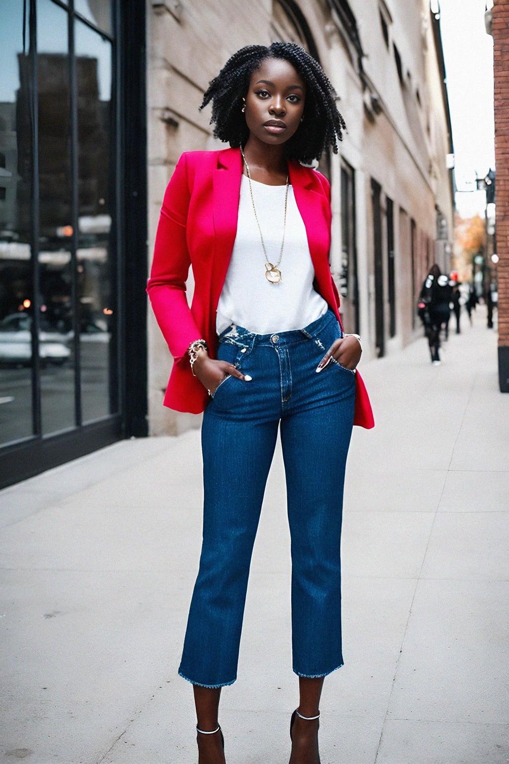 a confident  feminine woman dressed in stylish attire, striking a pose in a trendy urban setting