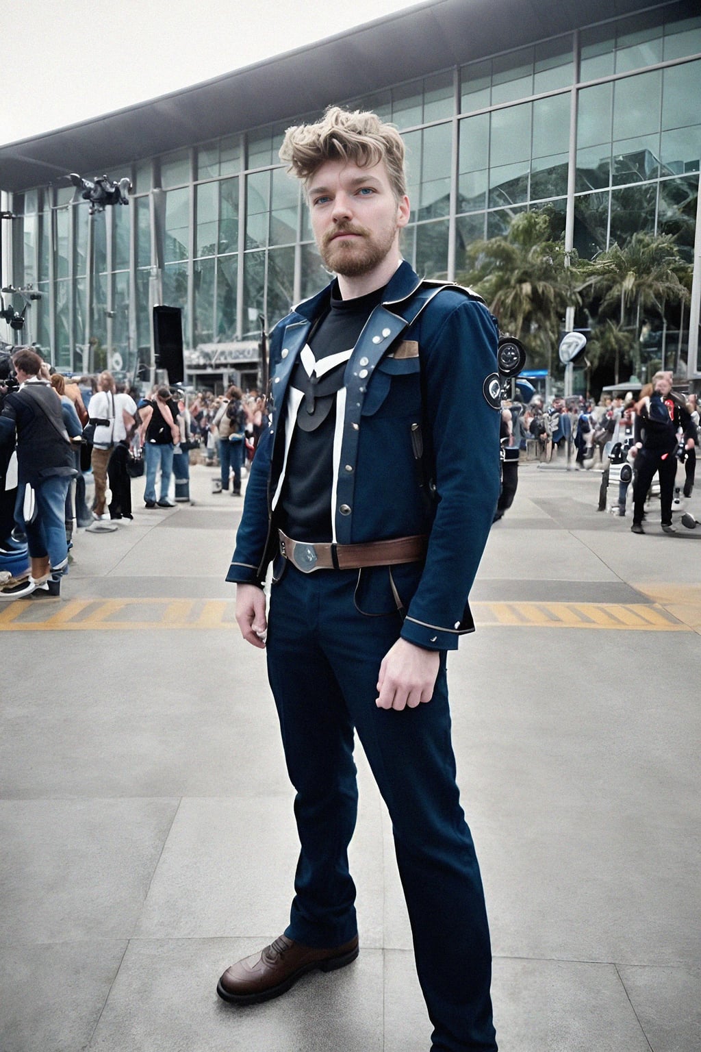 cosplayer man as cosplay convention, outdoors at expo building