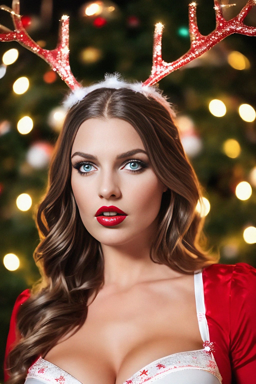 a woman wearing sexy Christmas outfit, reindeer antlers, lingerie, fishnets, snowflakes, Christmas decorations