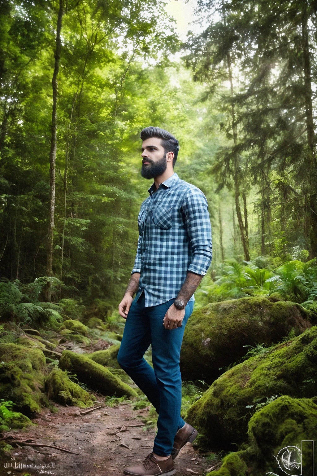man with enticing allure in  rugged outdoor outfit in a serene forest setting