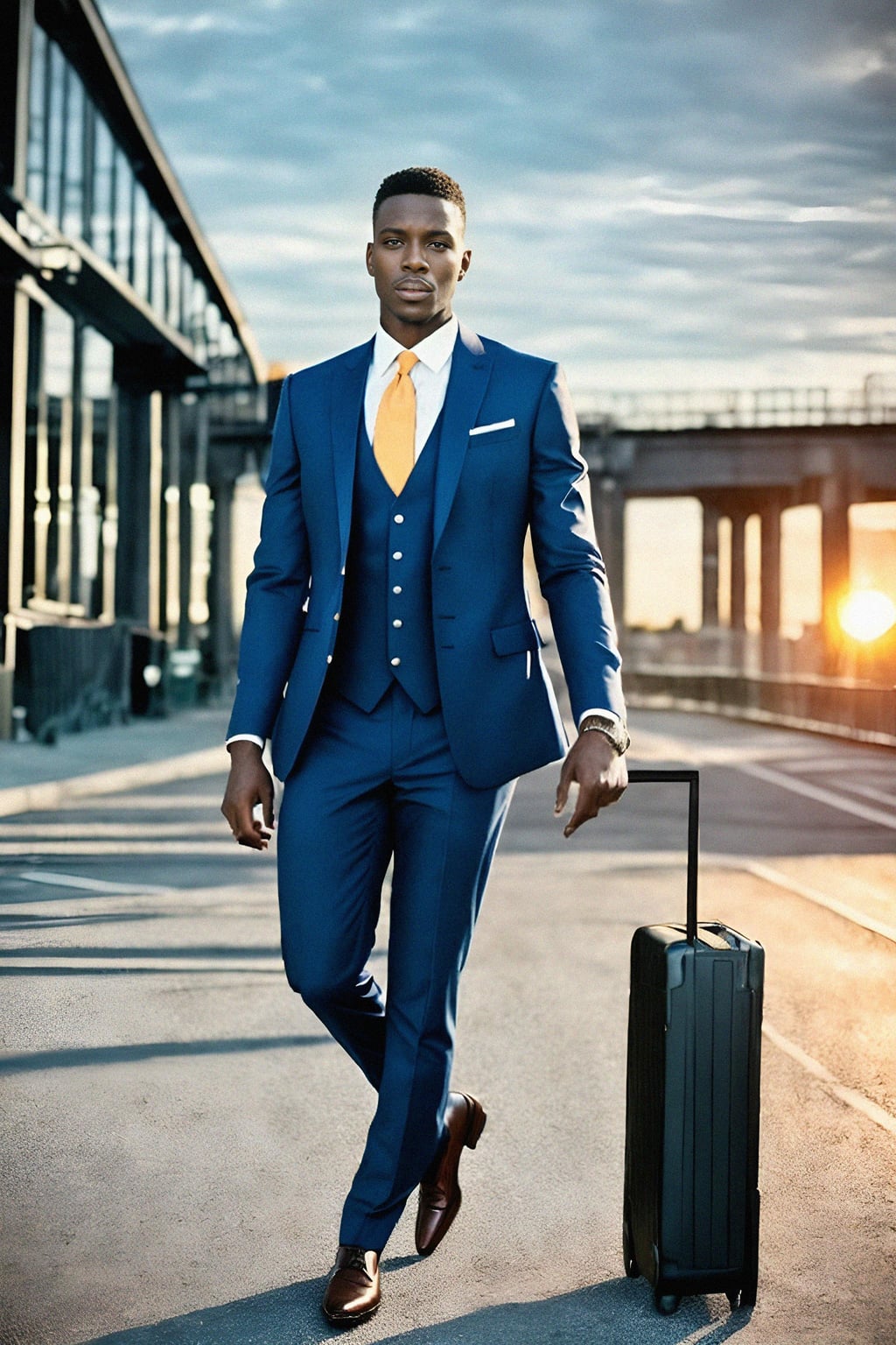 man in  dapper suit, radiating allure under the soft glow of a sunset