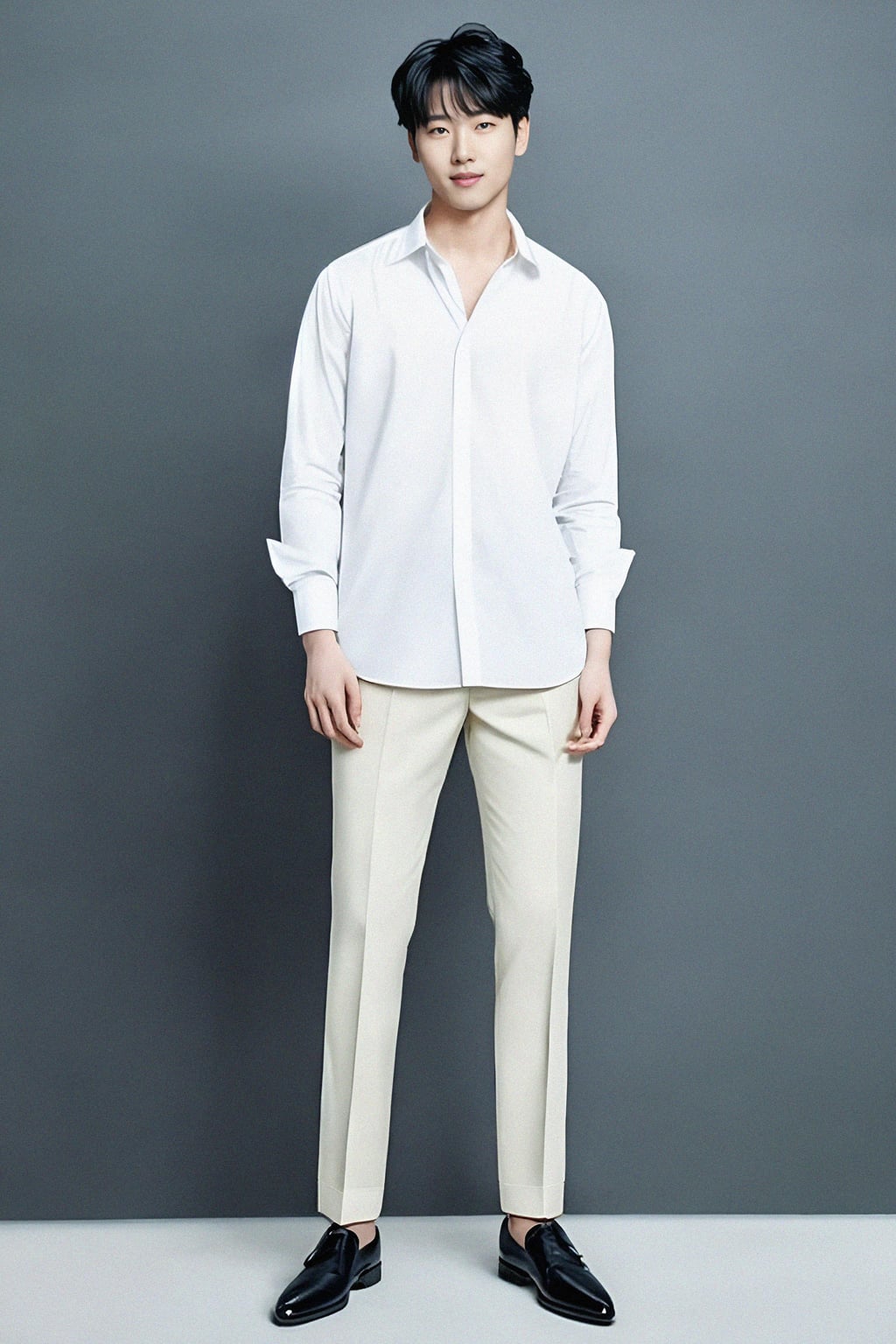 smiling man wearing  white collar shirt in try on fashion shoot for Zara Shein H&M
