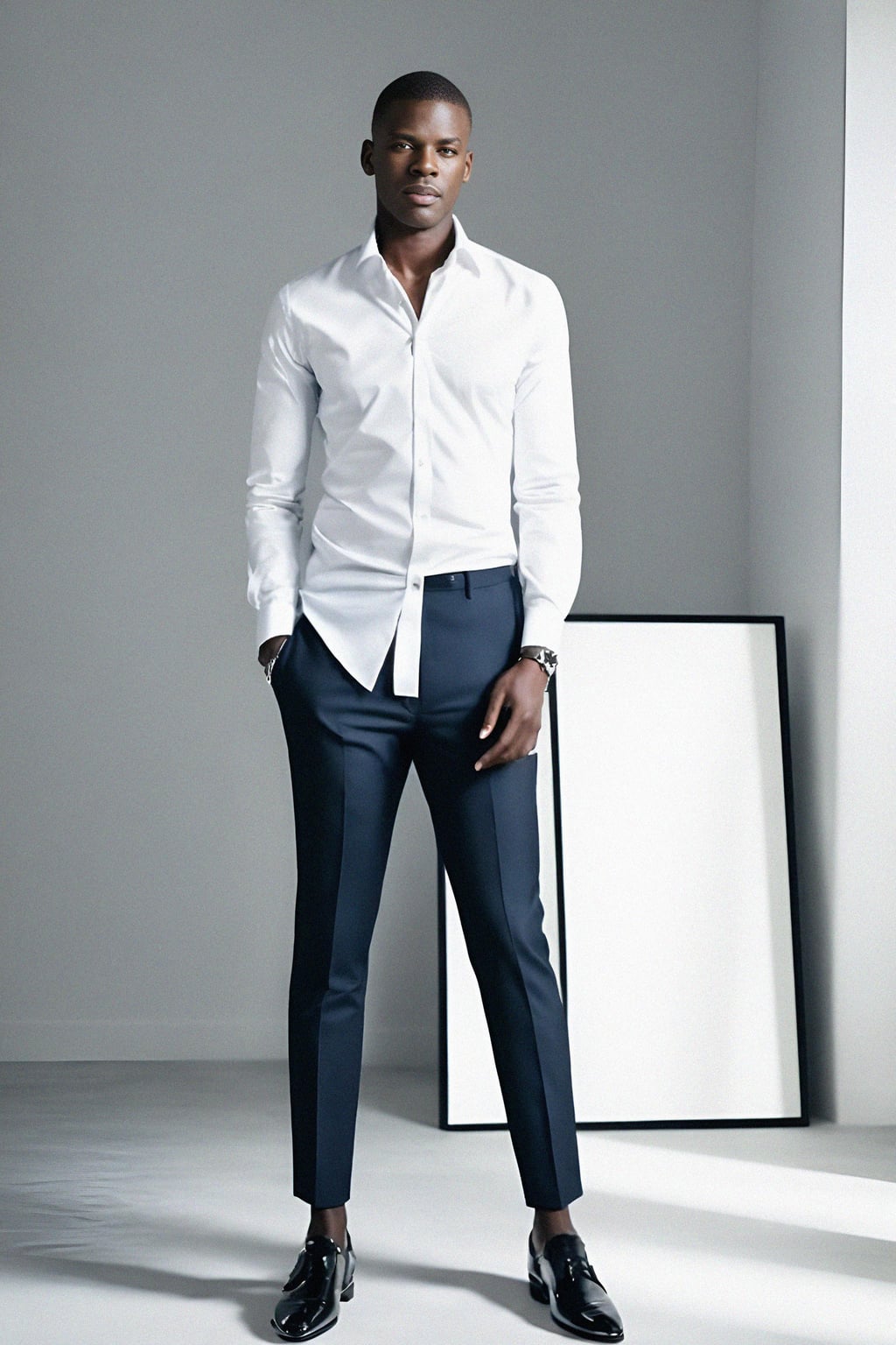 smiling man wearing  white collar shirt in try on fashion shoot for Zara Shein H&M