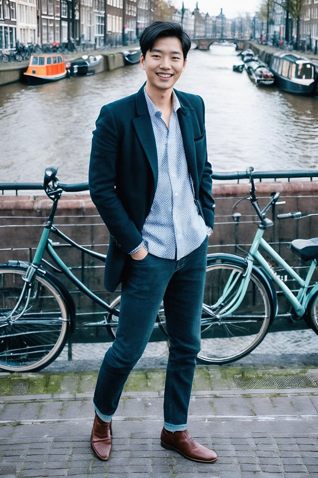 smiling man in Amsterdam with the Amsterdam Canals in background