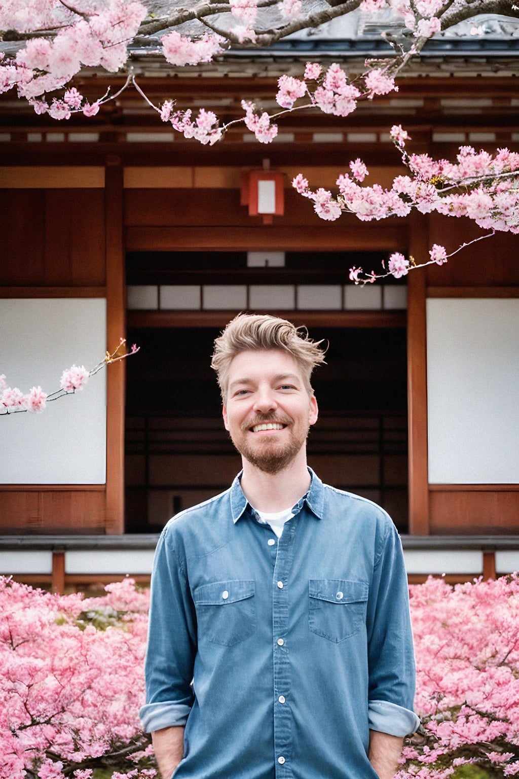 smiling man in Japan with Japanese Cherry Blossom Trees and Japanese temples in background