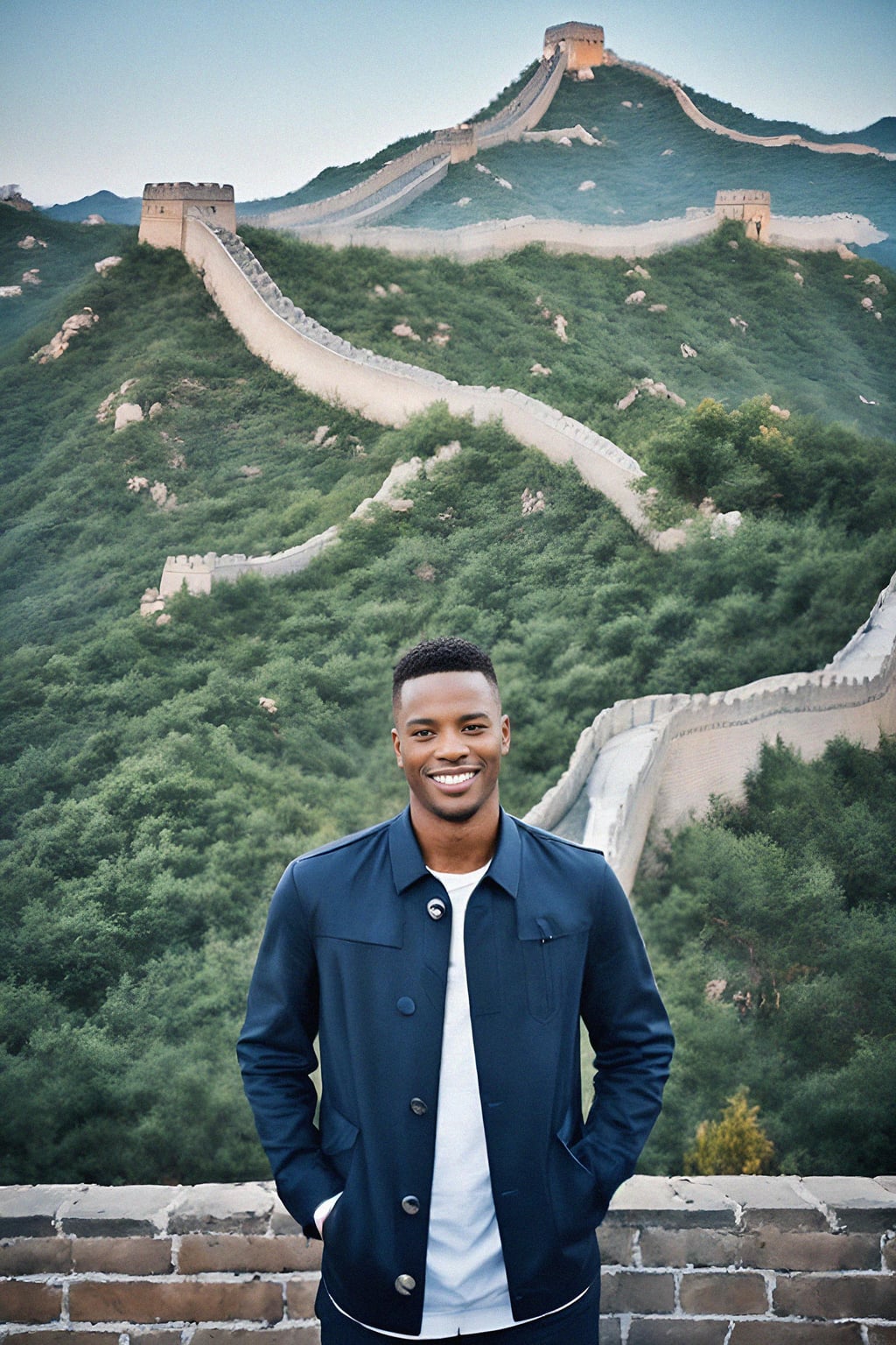 smiling man in Beijing with the Great Wall in the background