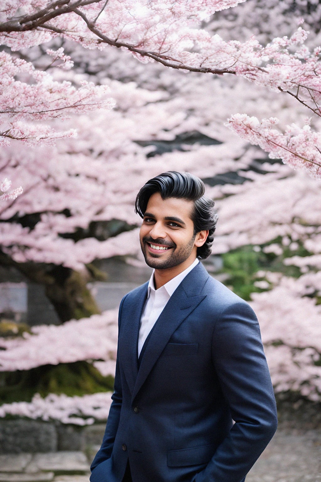 smiling man in Japan with Japanese Cherry Blossom Trees and Japanese temples in background