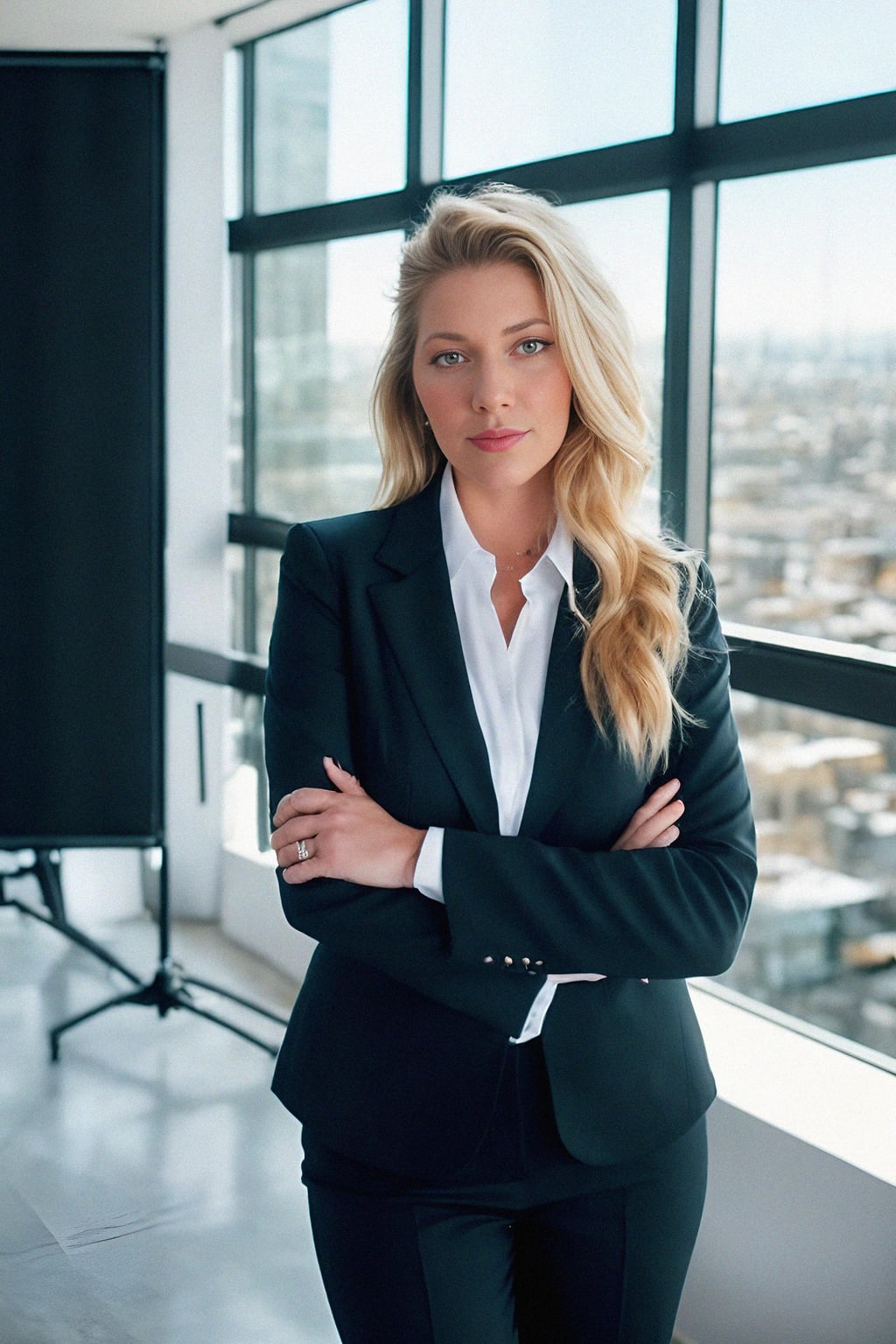 8k professional headshot of woman, crisp details, studio backdrop, executive attire, confident posture, neutral expression, high-definition, corporate setting, sharp focus, ambient lighting, business professional, cityscape view