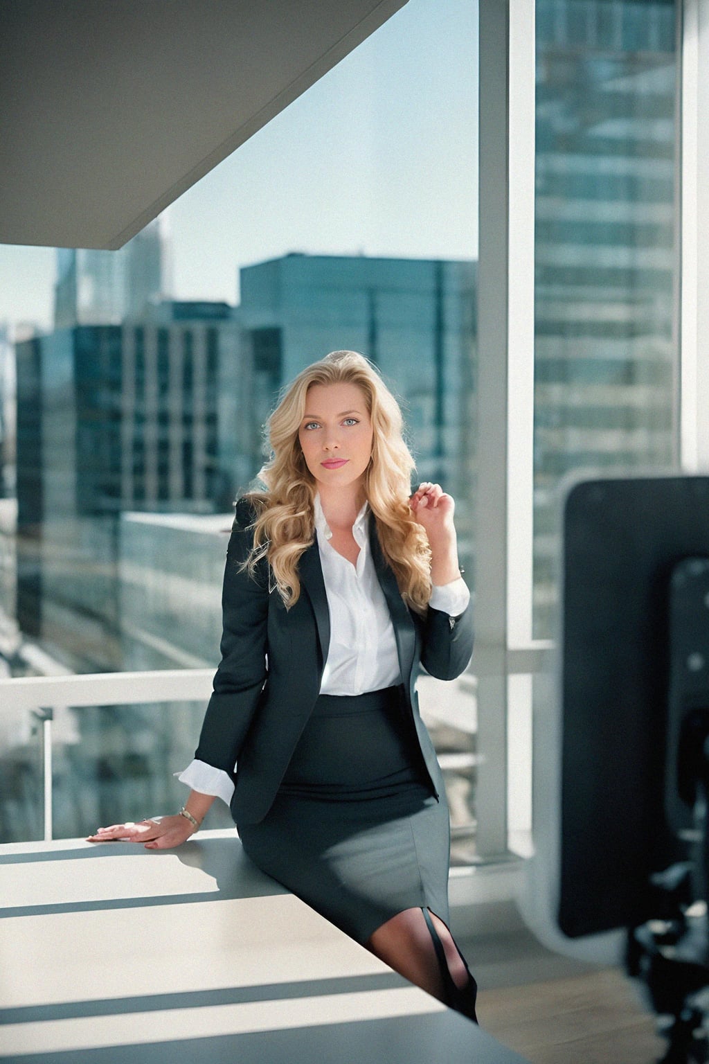 8k professional headshot of woman, crisp details, studio backdrop, executive attire, confident posture, neutral expression, high-definition, corporate setting, sharp focus, ambient lighting, business professional, cityscape view