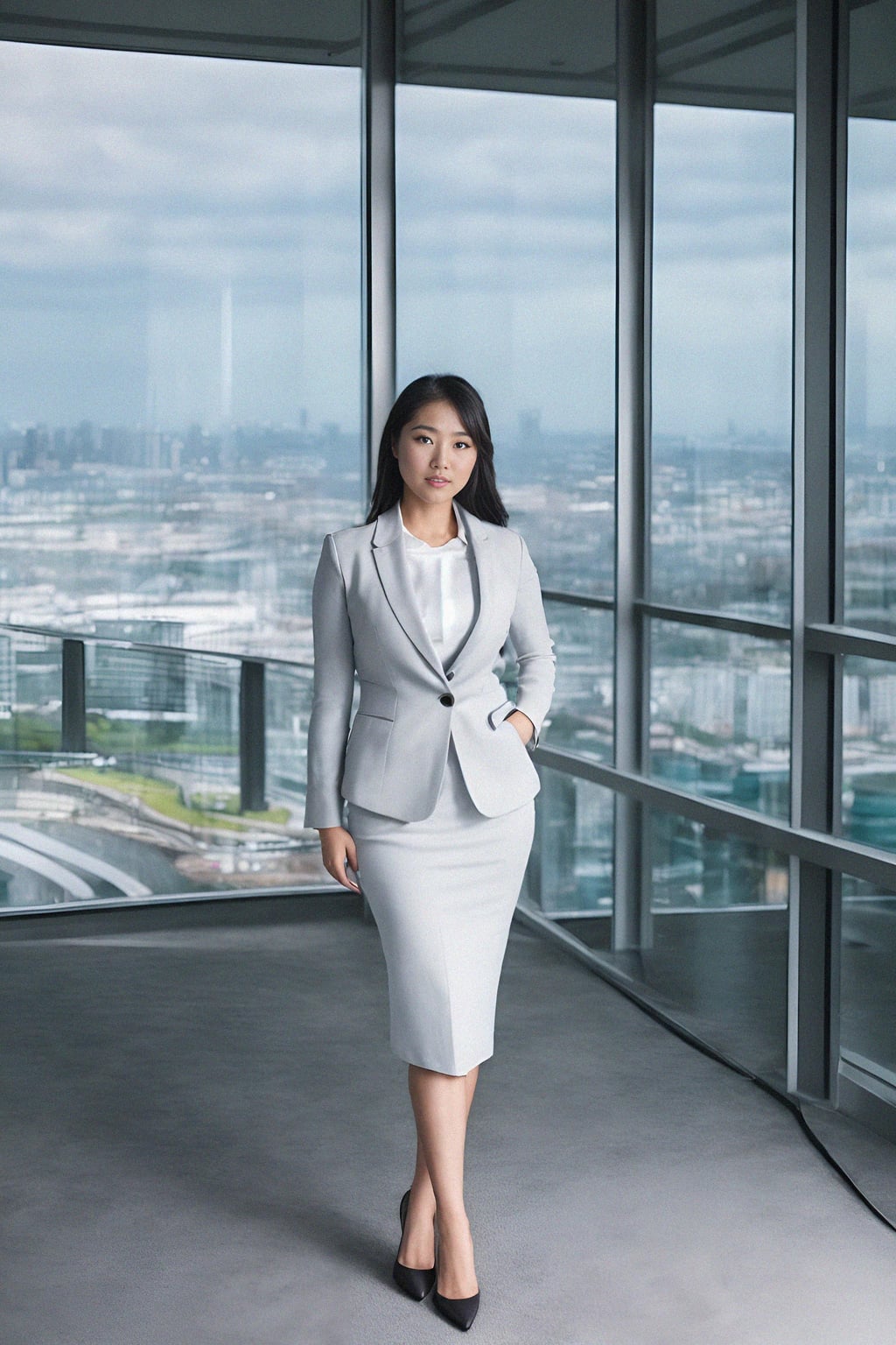8k professional headshot of woman, crisp details, studio backdrop, executive attire, confident posture, neutral expression, high-definition, corporate setting, sharp focus, ambient lighting, business professional, cityscape view