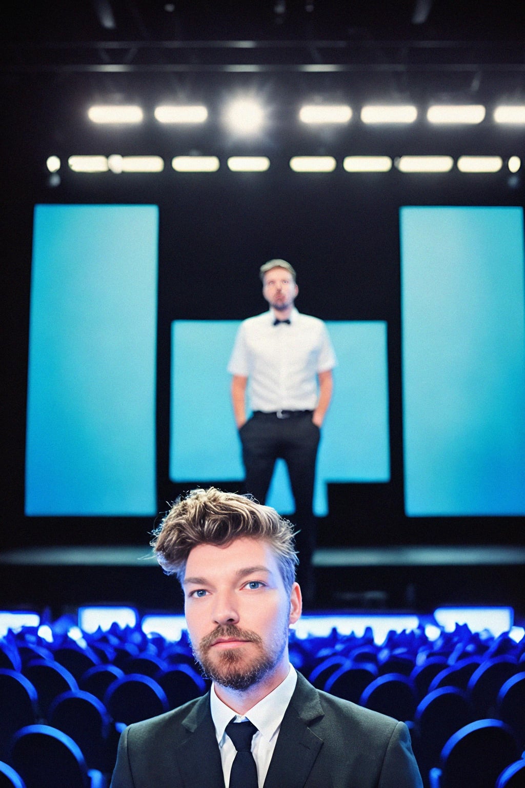 man as a conference keynote speaker standing on stage at a conference