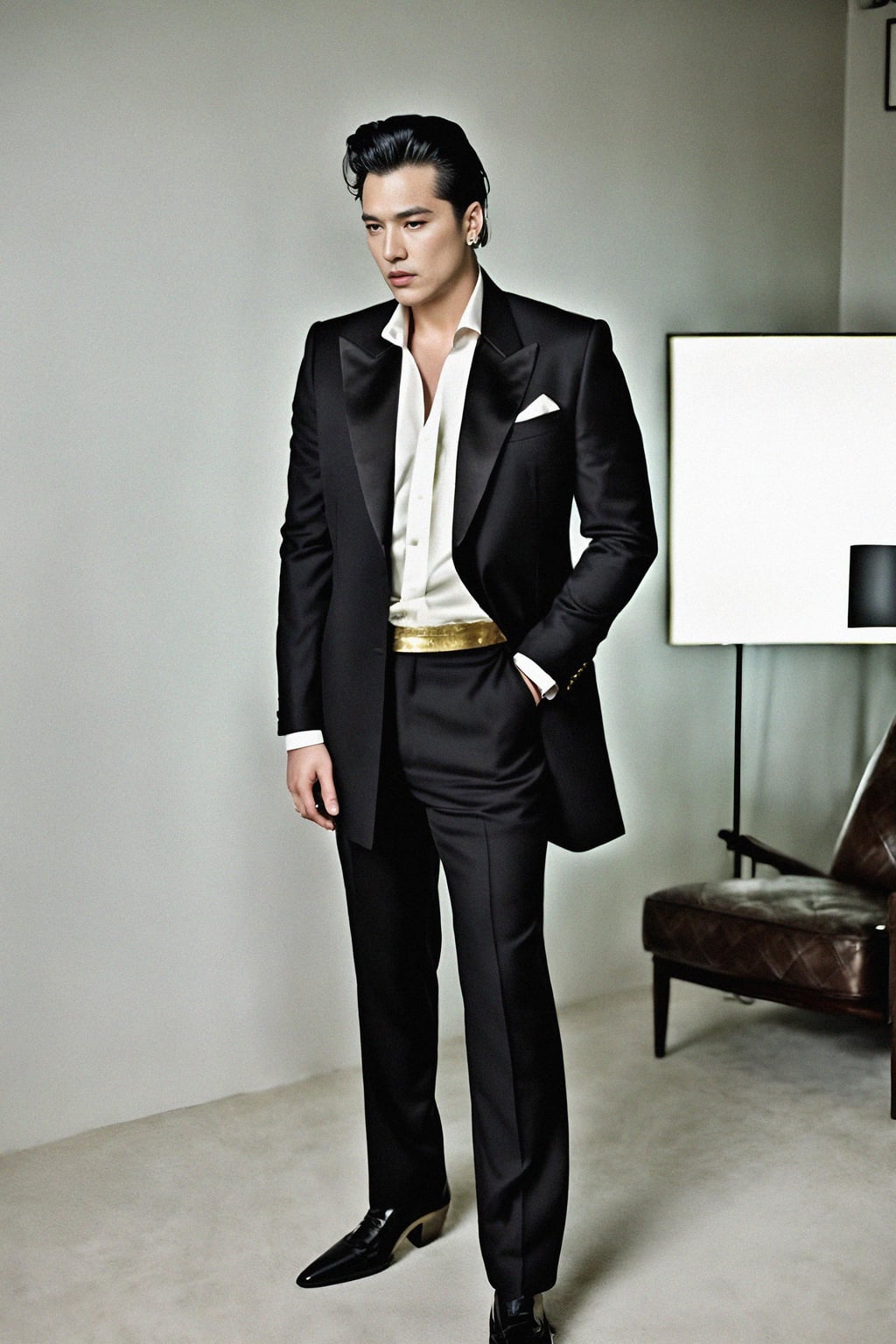 beautiful man as a mobster, mafia, mafia outfit, tailored suits, chunky gold jewelry, mafia aesthetic, flashy, glamorous, luxury, loud, Goodfellas, The Sopranos, Mob Wives, opulence, confidence