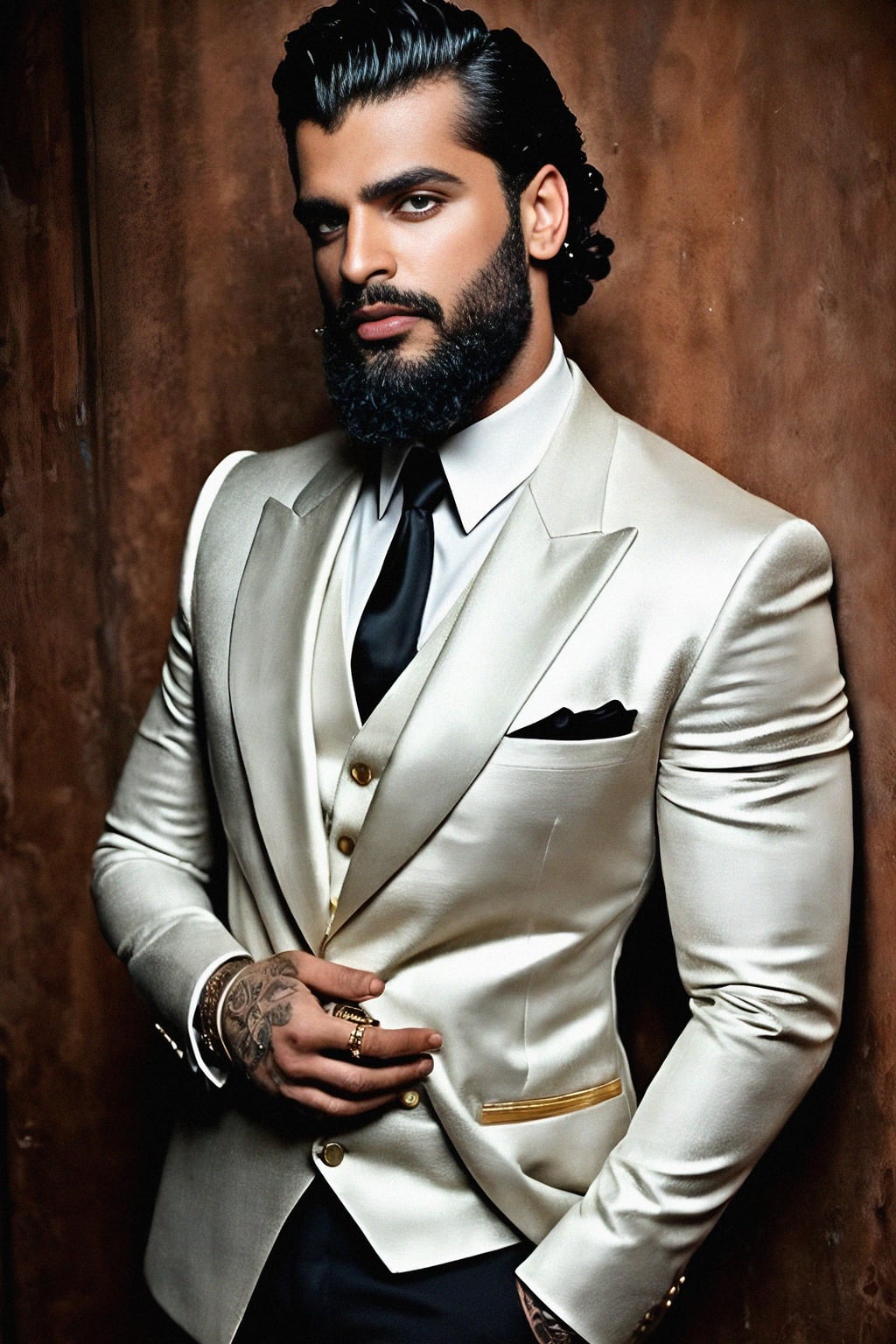 beautiful man as a mobster, mafia, mafia outfit, tailored suits, chunky gold jewelry, mafia aesthetic, flashy, glamorous, luxury, loud, Goodfellas, The Sopranos, Mob Wives, opulence, confidence