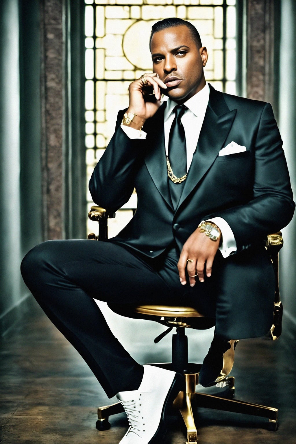 beautiful man as a mobster, mafia, mafia outfit, tailored suits, chunky gold jewelry, mafia aesthetic, flashy, glamorous, luxury, loud, Goodfellas, The Sopranos, Mob Wives, opulence, confidence