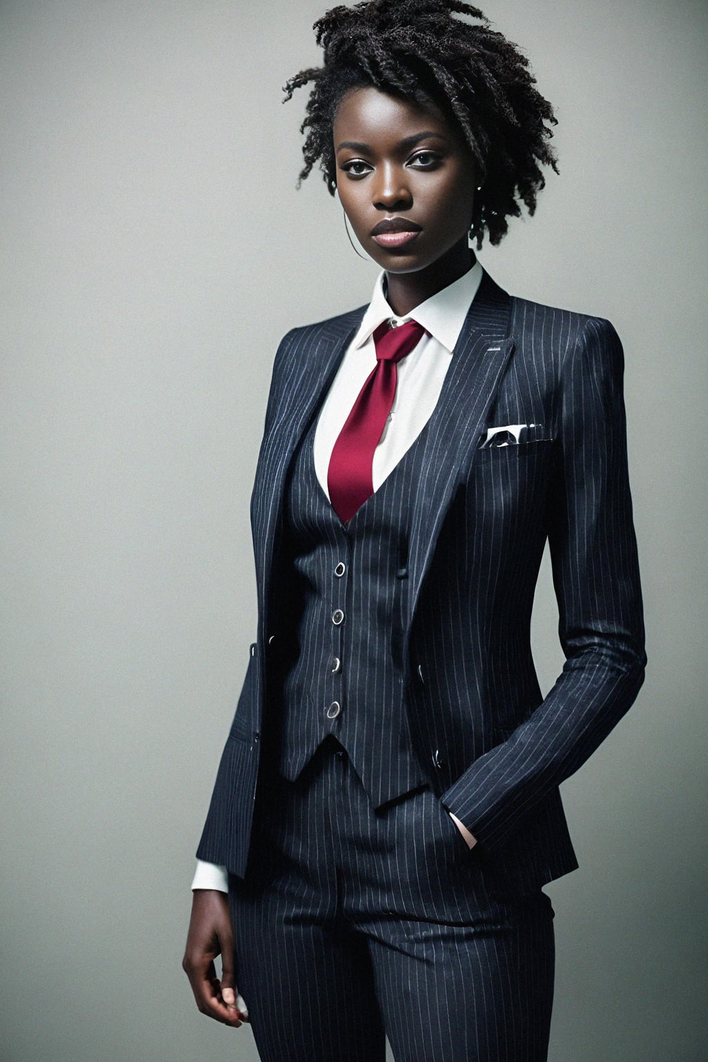 woman trying on a sophisticated pinstripe suit with a waistcoat and a burgundy tie