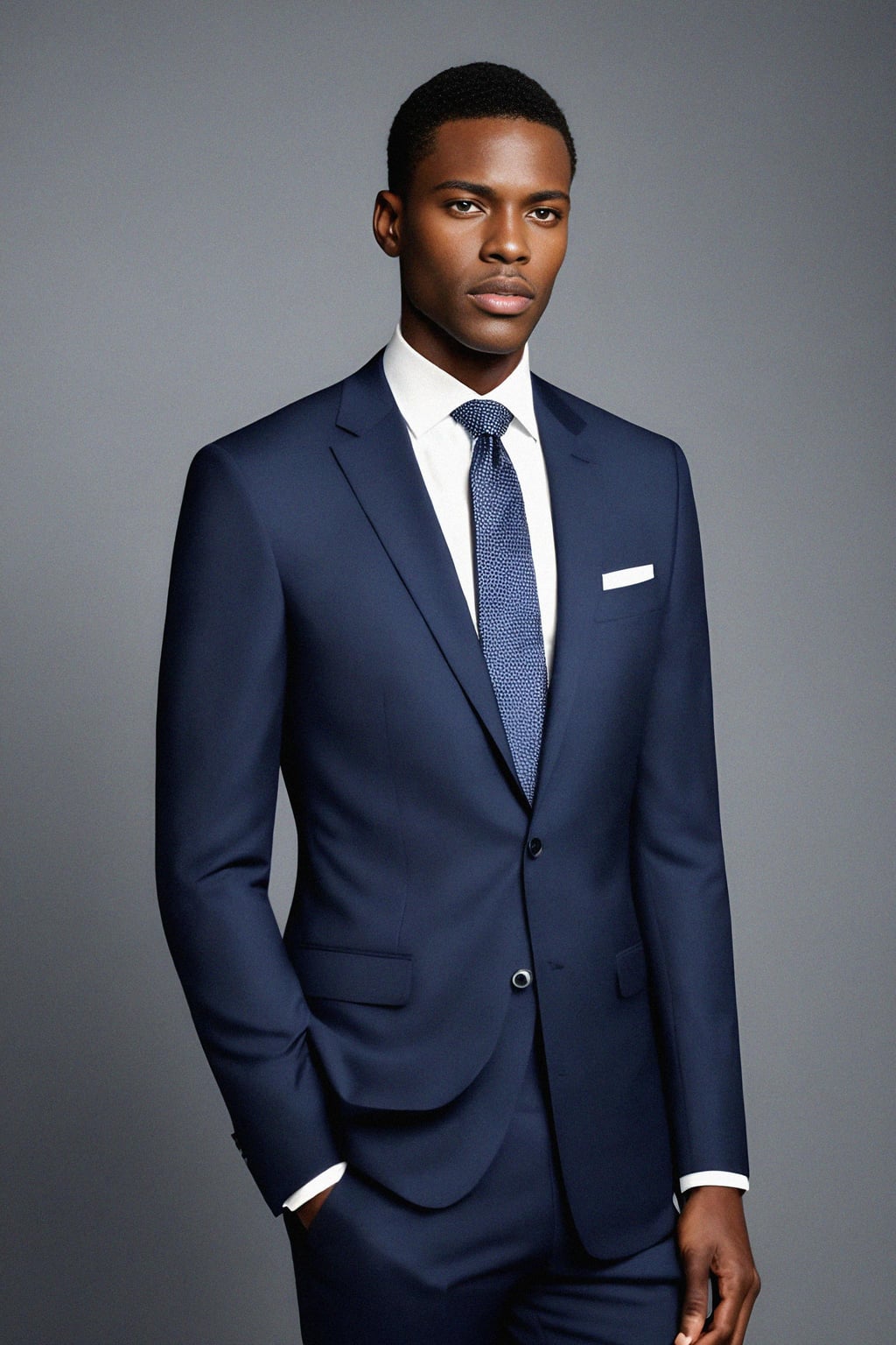 handsome and stylish man wearing a classic navy blue suit with a crisp white dress shirt and a patterned tie