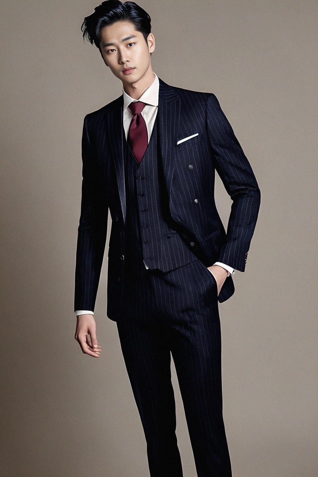 handsome and stylish man trying on a sophisticated pinstripe suit with a waistcoat and a burgundy tie