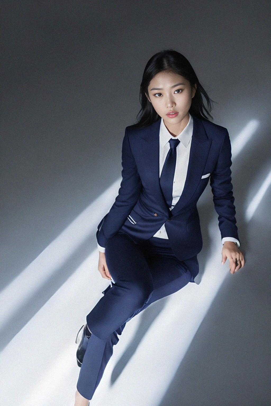 woman wearing a classic navy blue suit with a crisp white dress shirt and a patterned tie
