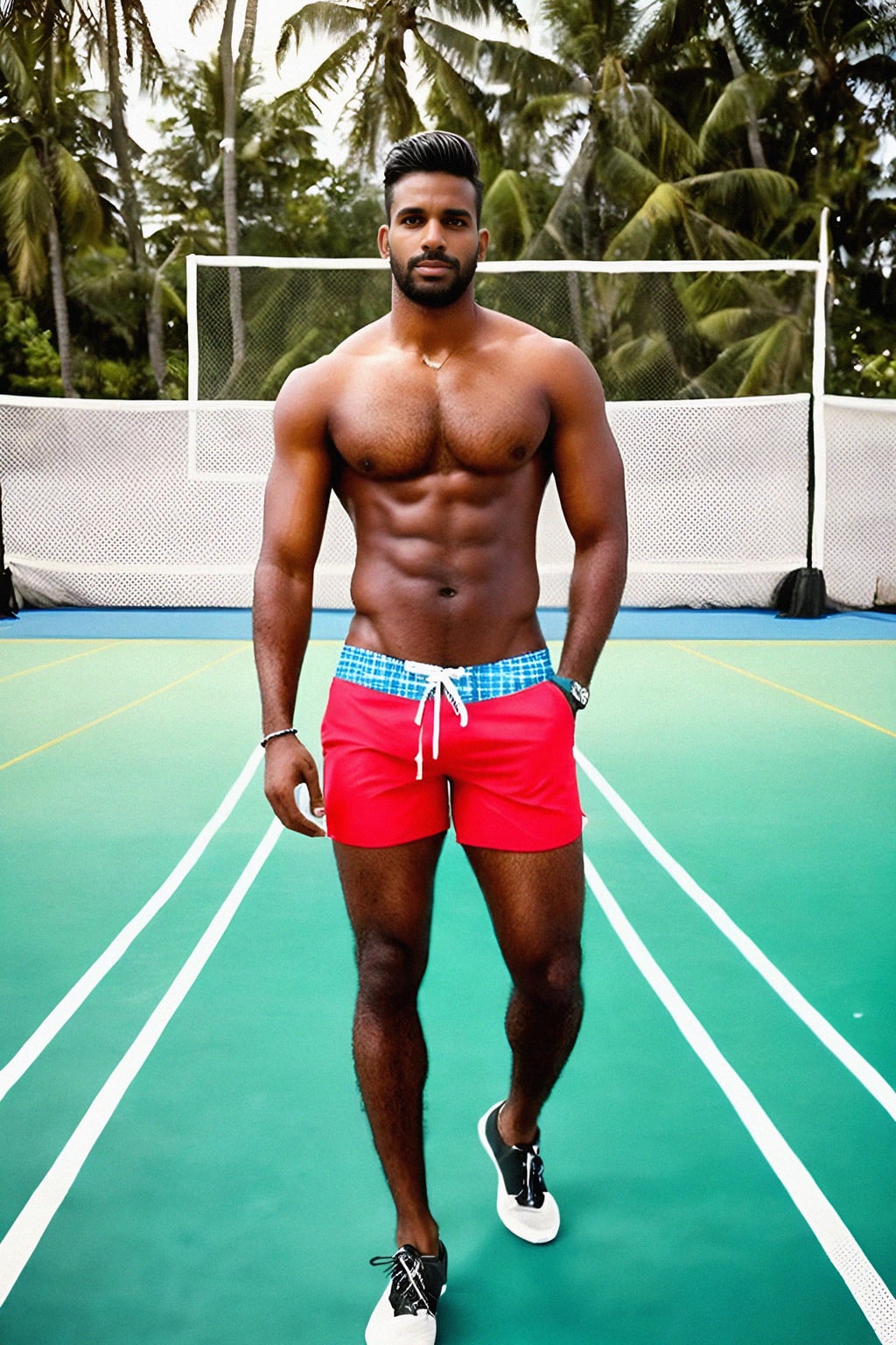 man in  swim trunks on a beach volleyball court, ready to serve
