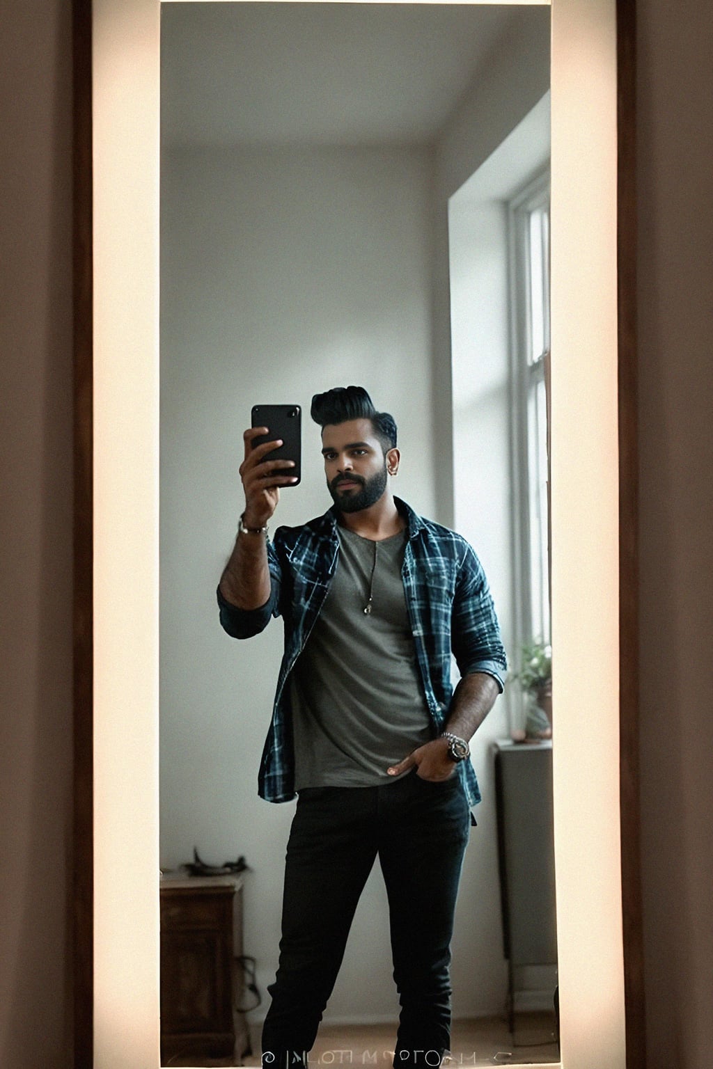beautiful man taking a selfie in bedroom mirror