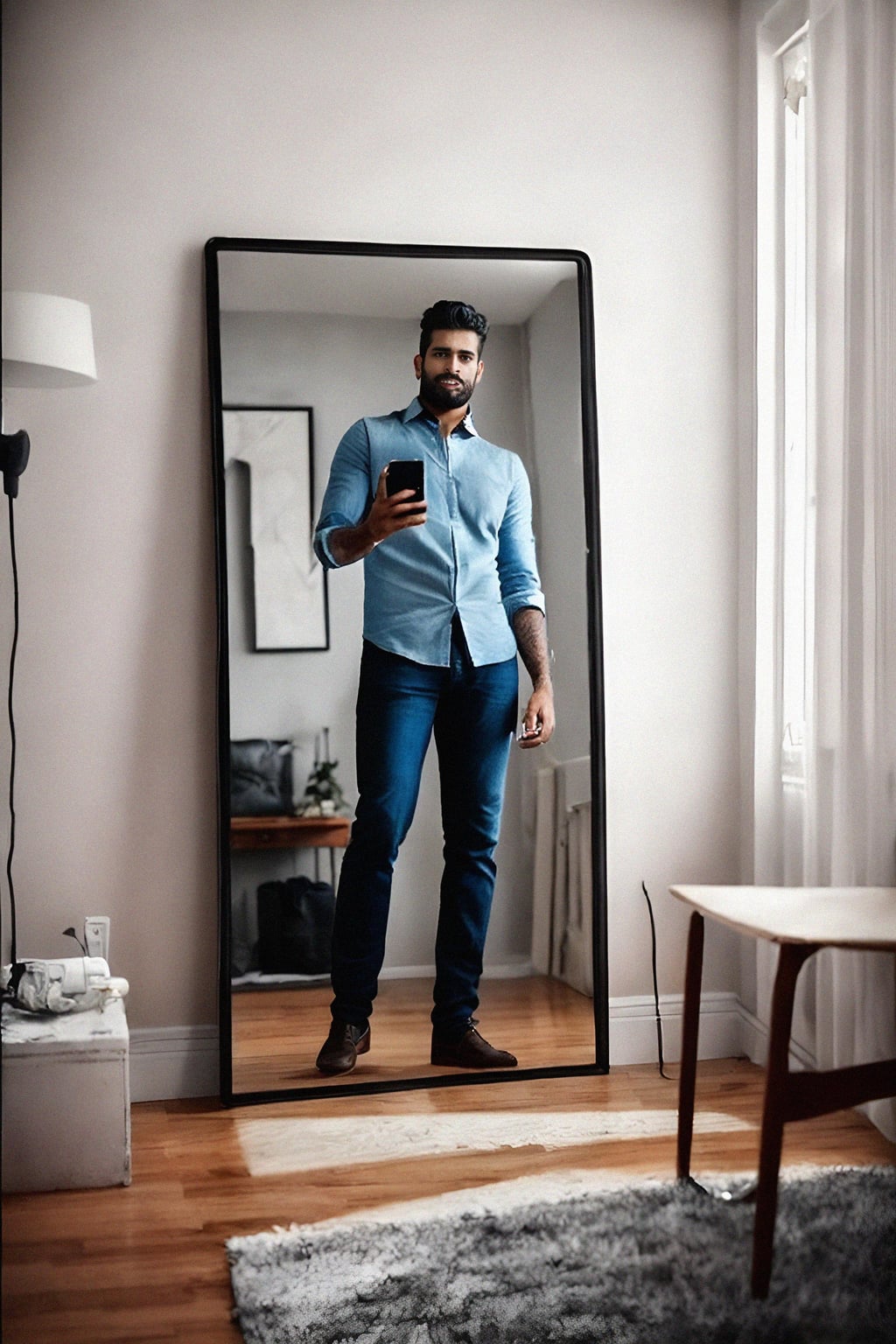 beautiful man taking a selfie in bedroom mirror